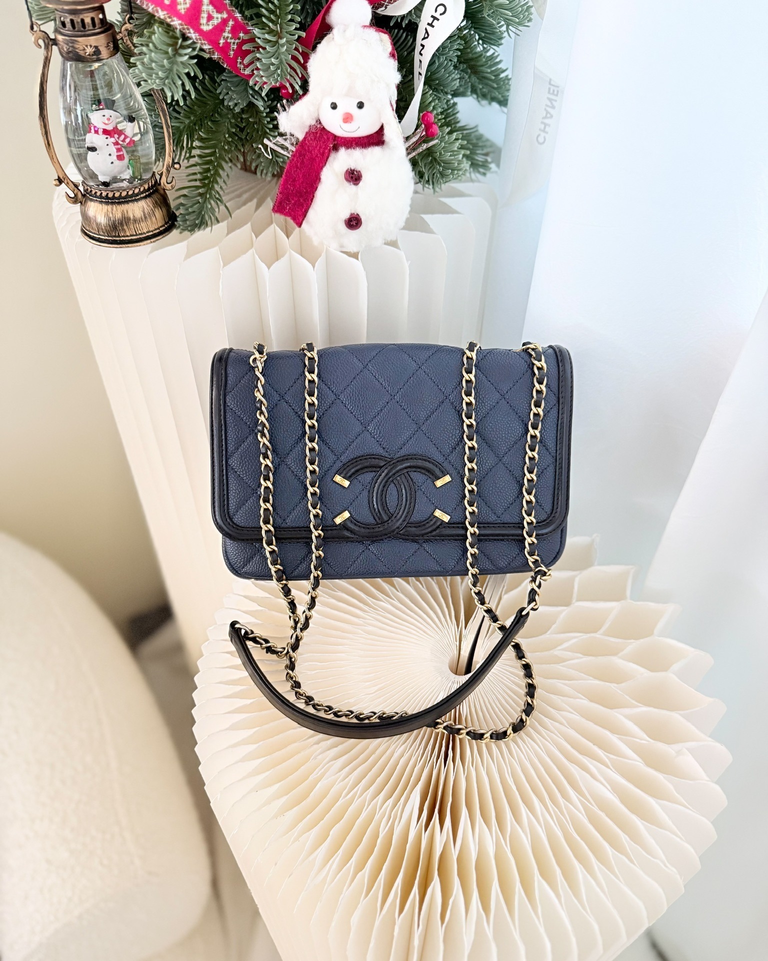 Chanel Small CC Filigree Flap Quilted Navy Black Caviar Aged