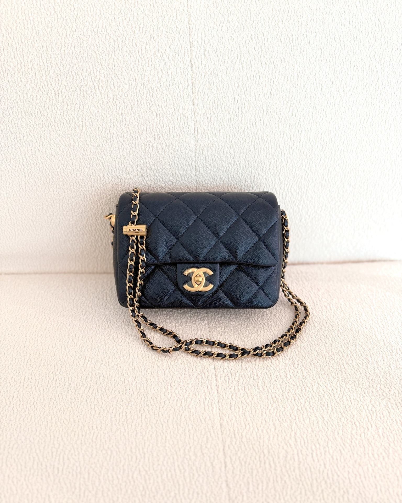 Chanel My Perfect Mini Flap Quilted Iridescent Navy Caviar Aged