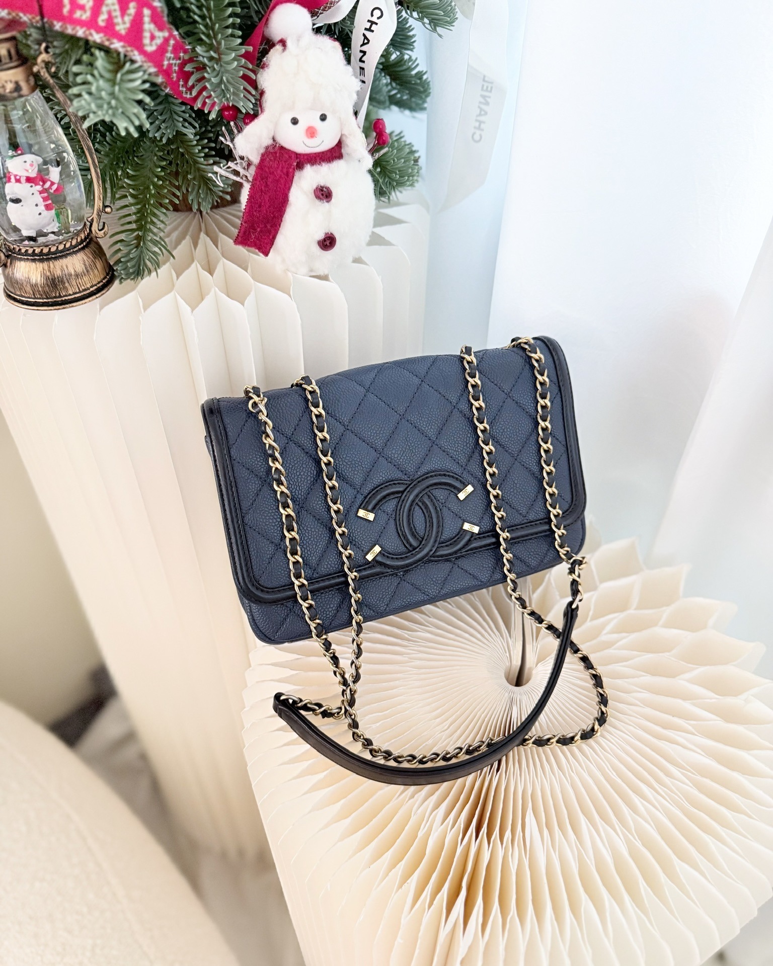 Chanel Small CC Filigree Flap Quilted Navy Black Caviar Aged