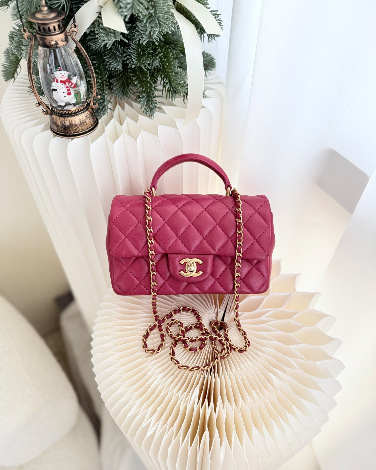 Chanel Top Handle Mini Rectangular Flap Red Lambskin Aged