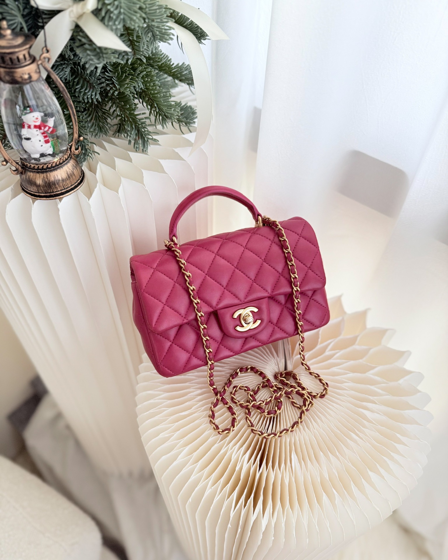 Chanel Top Handle Mini Rectangular Flap Red Lambskin Aged