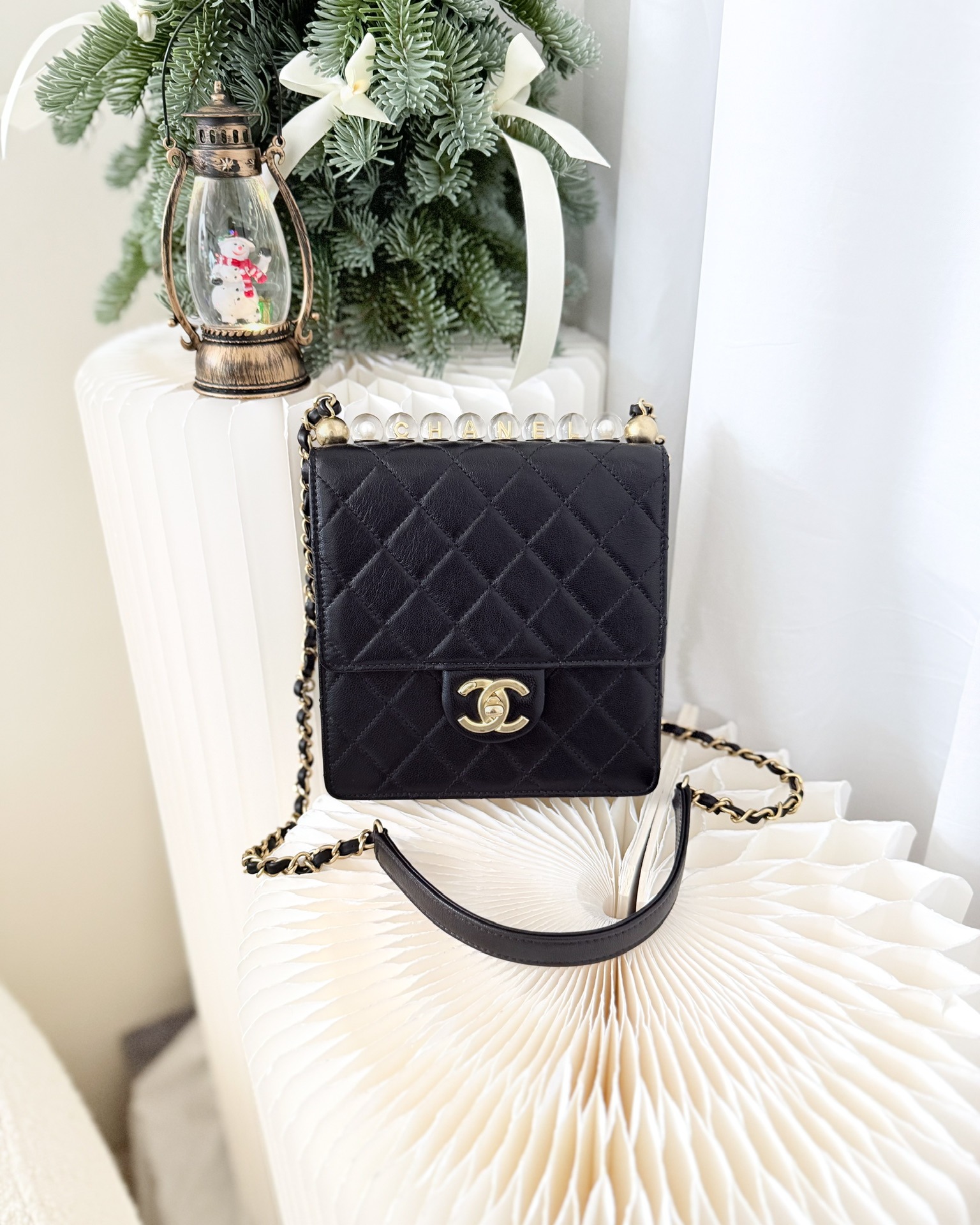 Chanel Quilted Chic Logo Pearls Flap Black Goatskin Aged