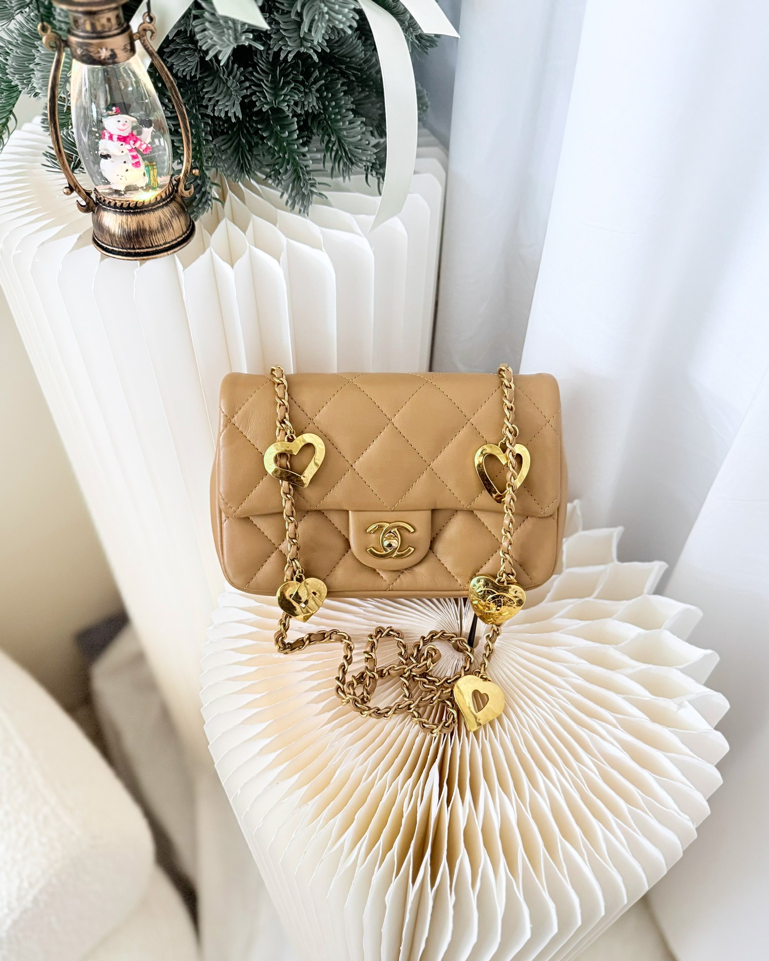 Chanel Mini Flap Bag With Heart CC Charm Dark Beige Lambskin Aged