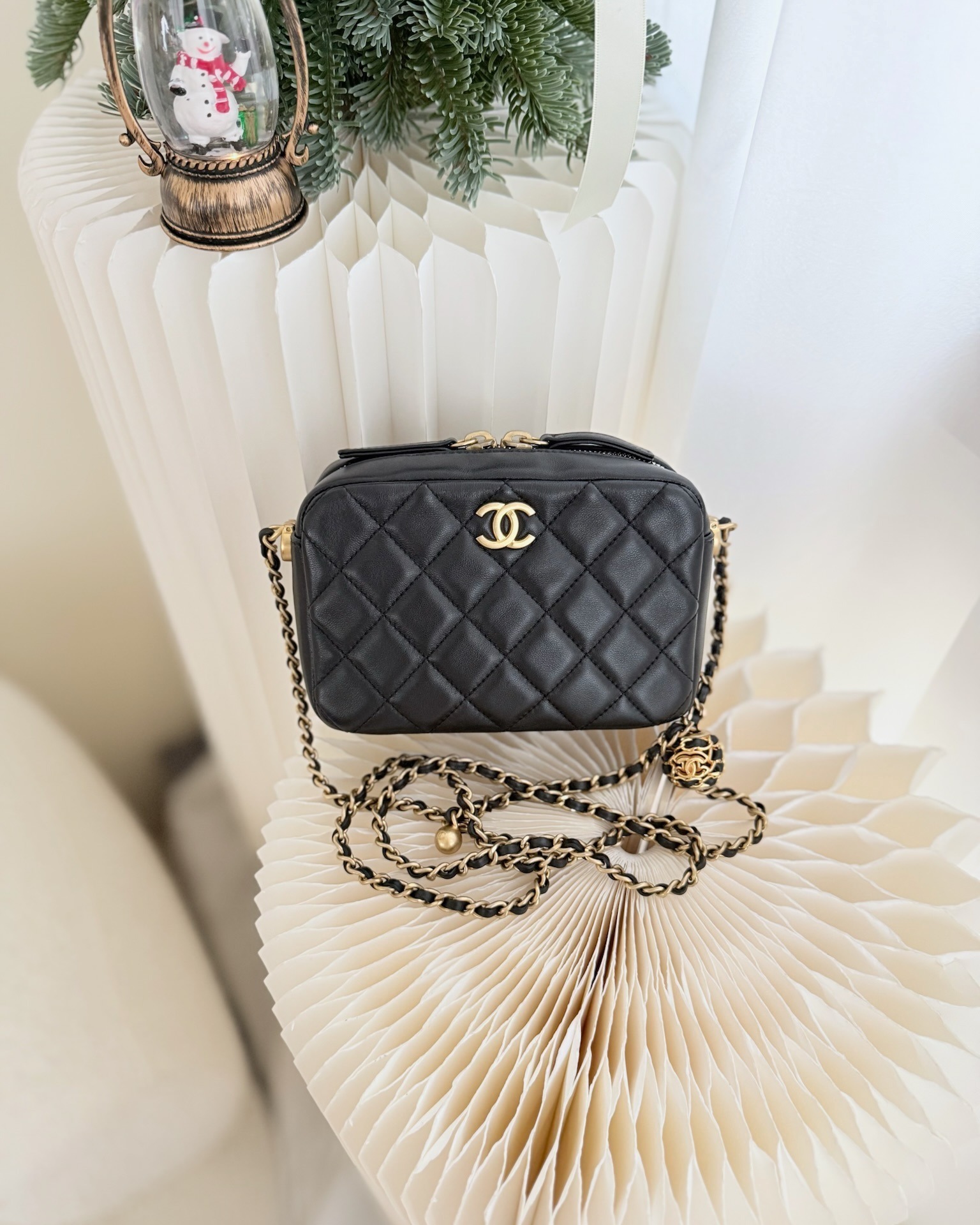 Chanel Quilted CC Pearl Crush Camera Case Black Lambskin