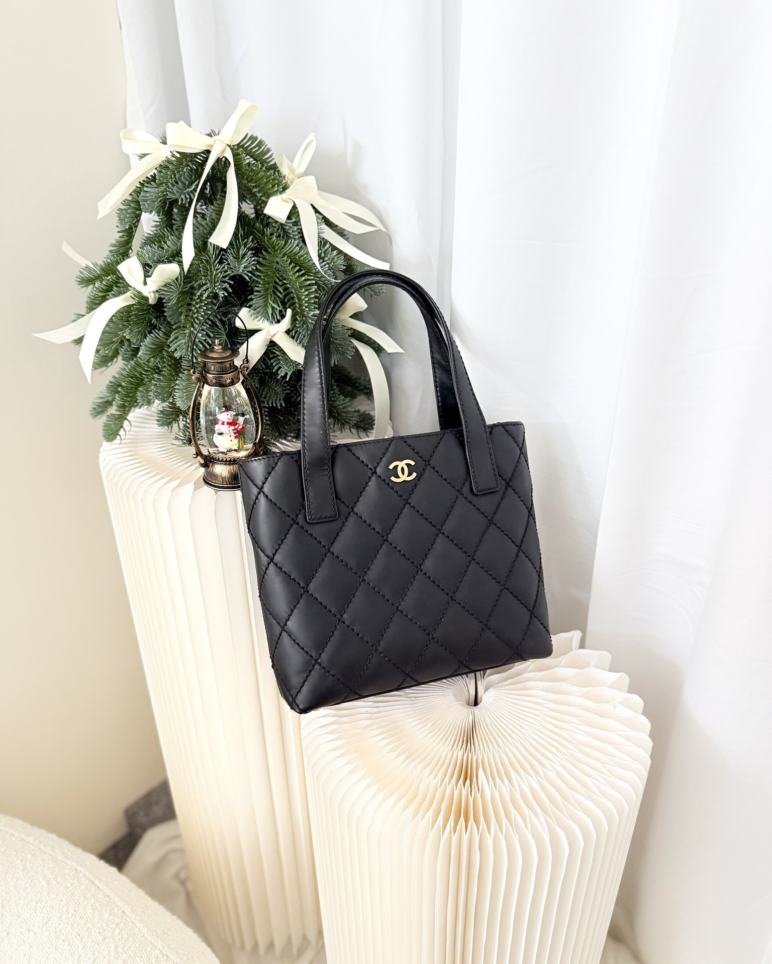 Chanel Vintage Quilted CC Tote Bag Matte Black Calfskin