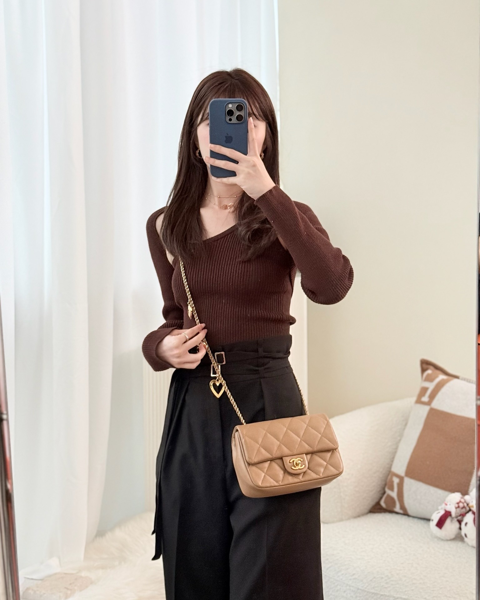 Chanel Mini Flap Bag With Heart CC Charm Dark Beige Lambskin Aged