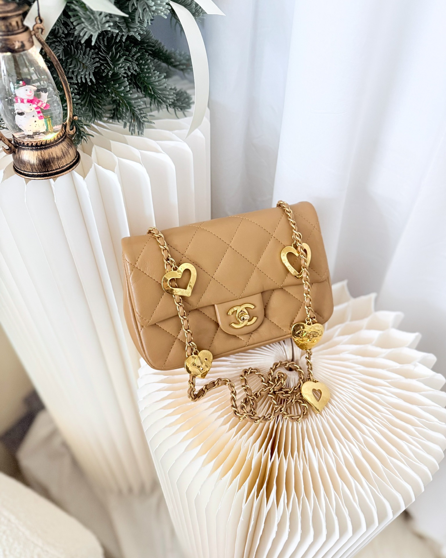 Chanel Mini Flap Bag With Heart CC Charm Dark Beige Lambskin Aged