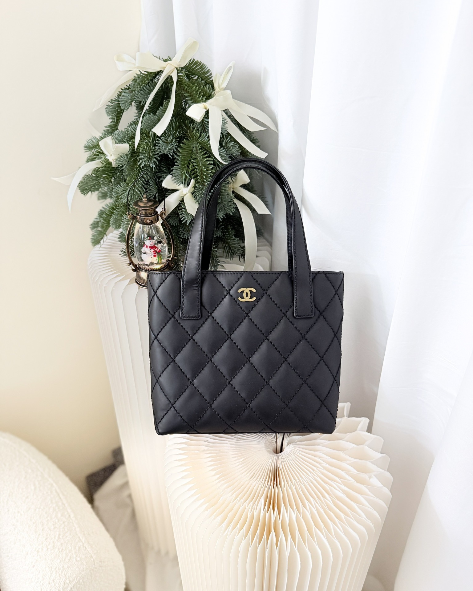 Chanel Vintage Quilted CC Tote Bag Matte Black Calfskin