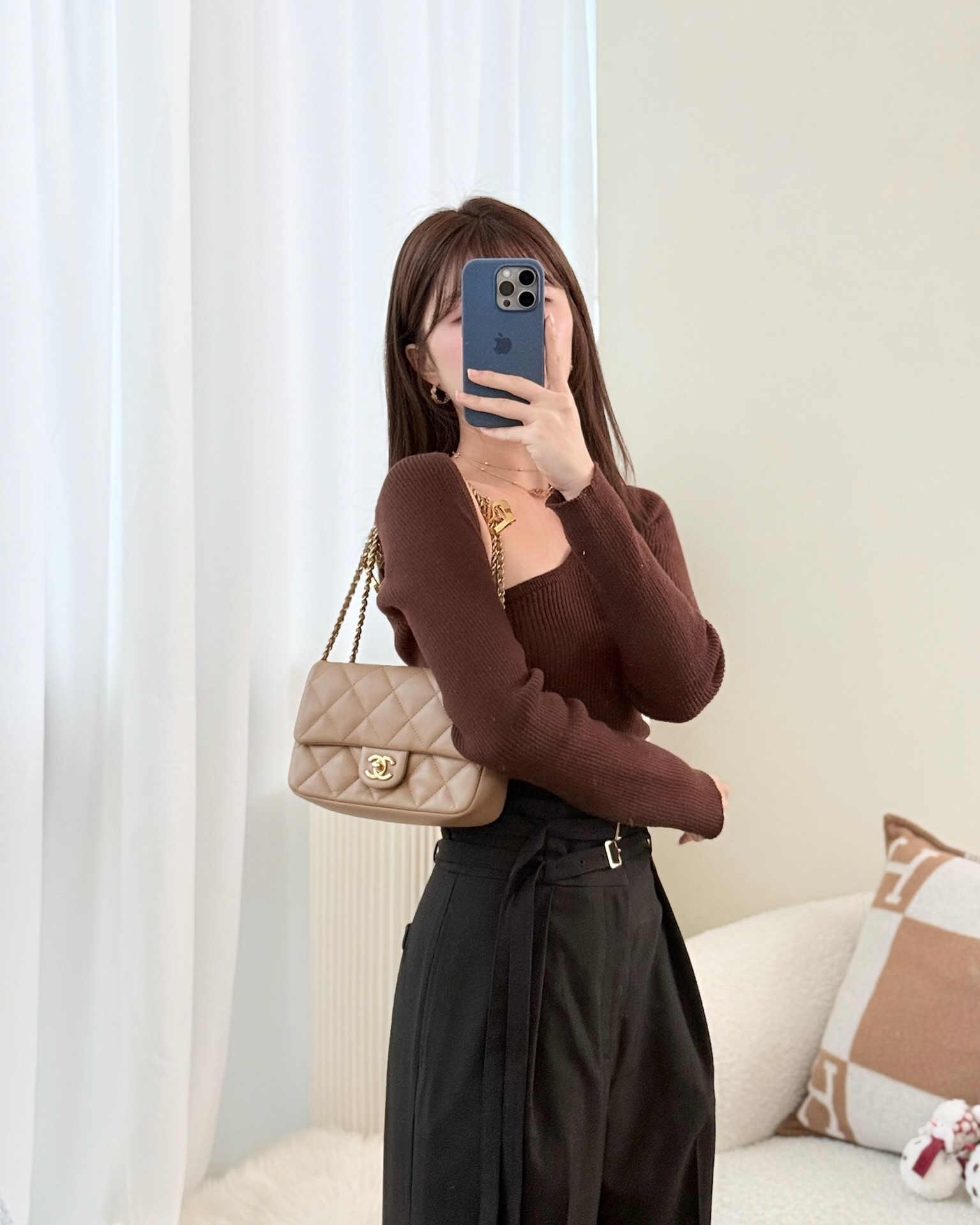 Chanel Mini Flap Bag With Heart CC Charm Dark Beige Lambskin Aged