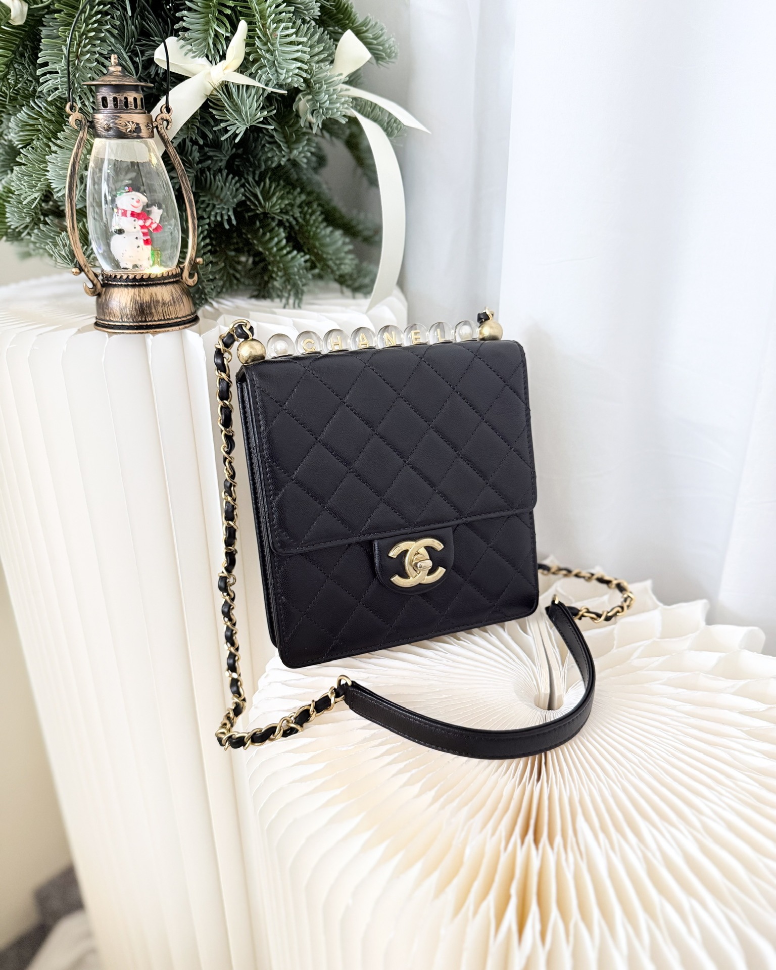 Chanel Quilted Chic Logo Pearls Flap Black Goatskin Aged