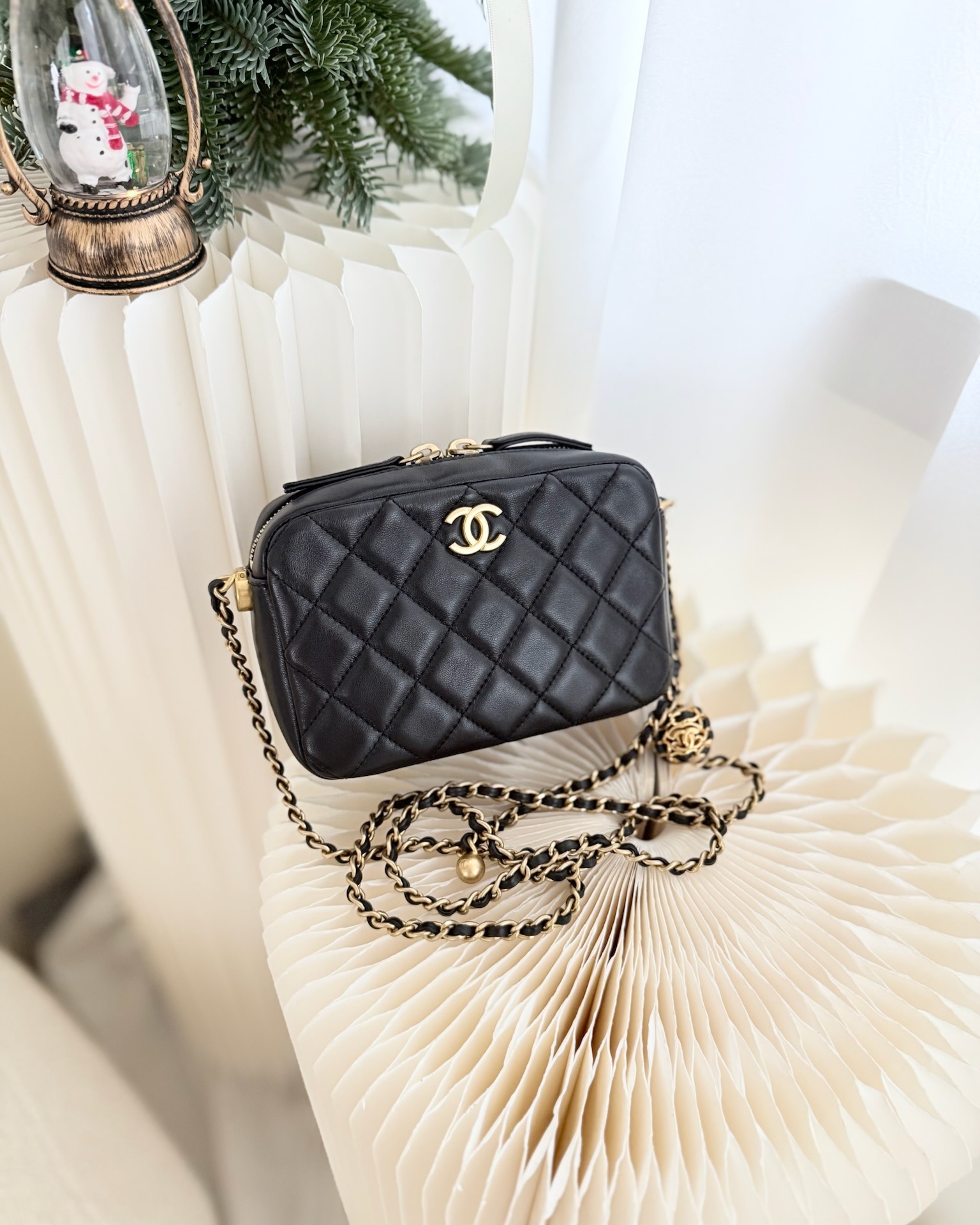 Chanel Quilted CC Pearl Crush Camera Case Black Lambskin