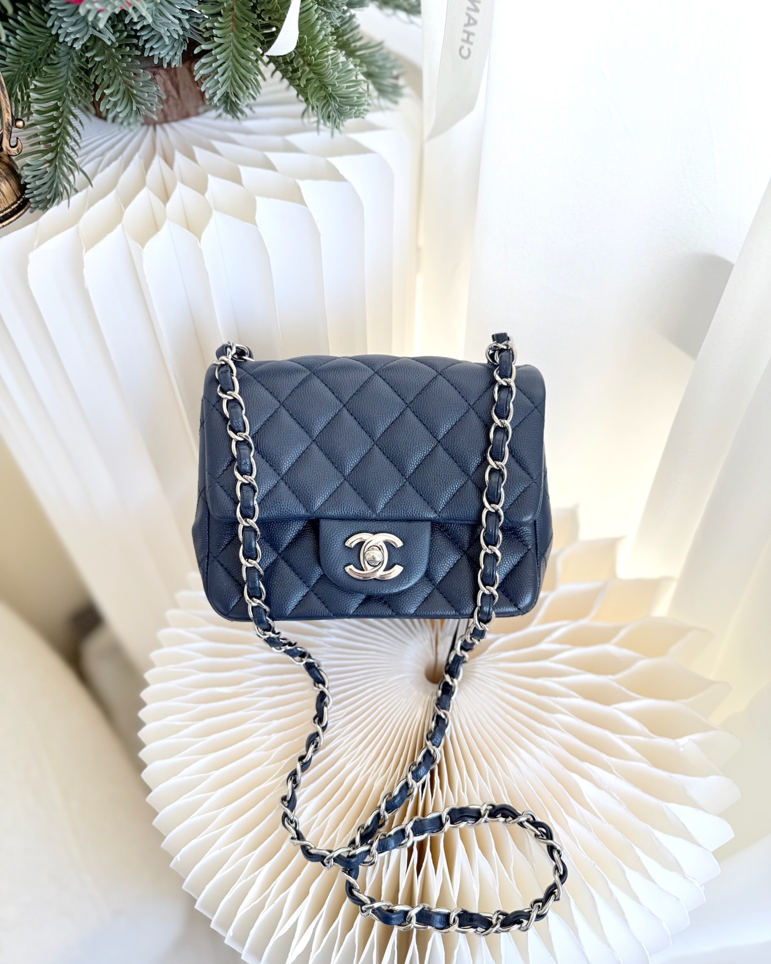 Chanel Mini Square Flap Quilted Navy Caviar