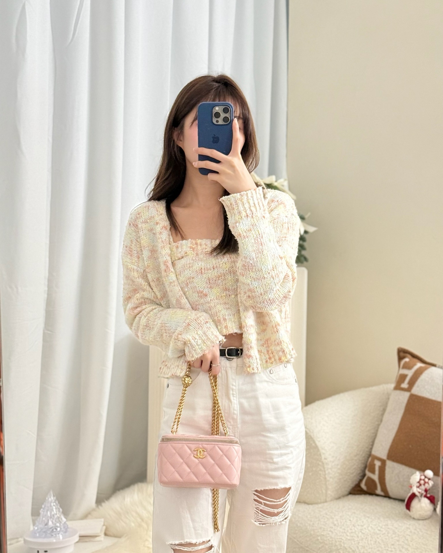 Chanel Quilted Vanity Rectangular with Camellia Adjustable Chain Pink Lambskin 23S