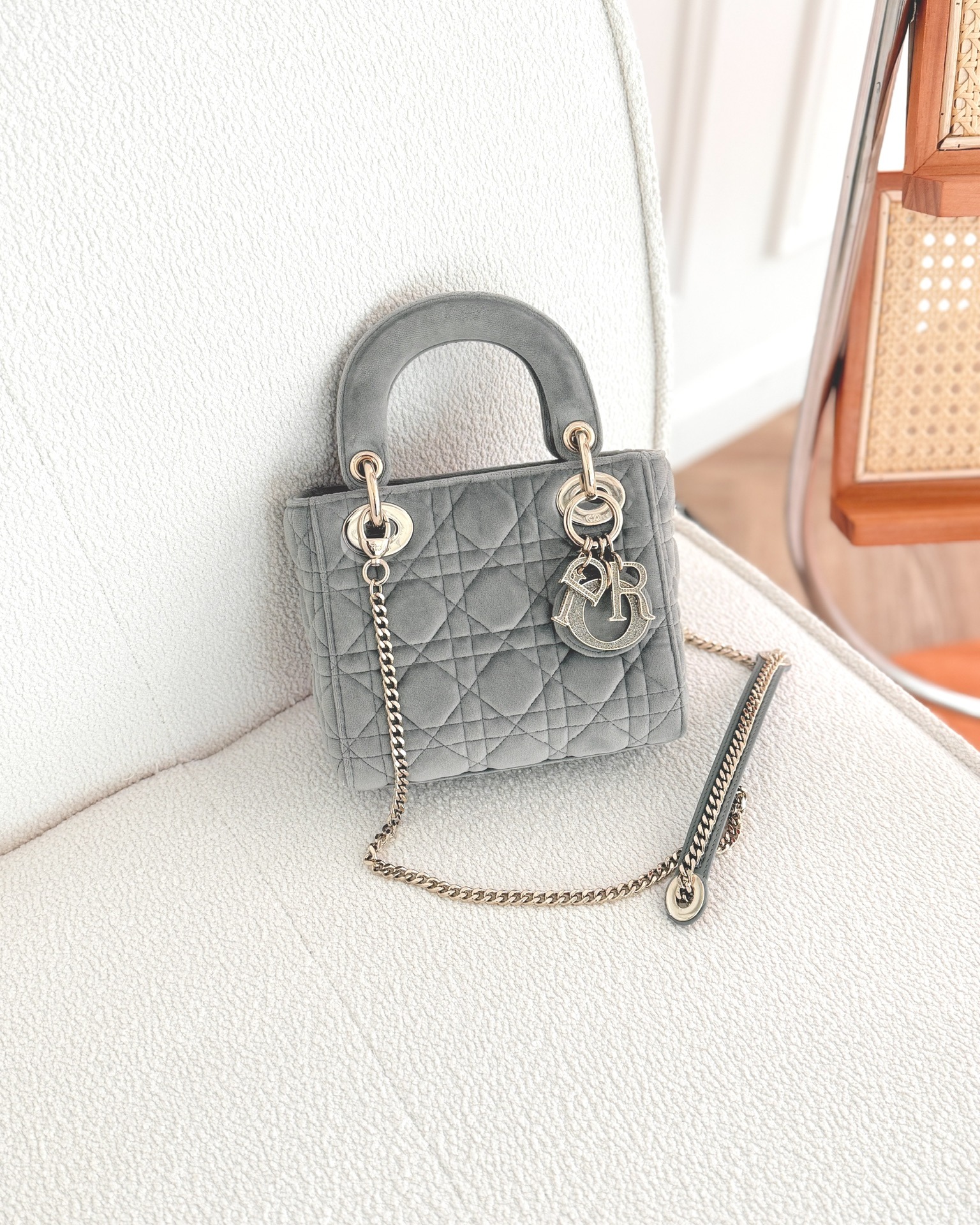 Dior Lady Dior Grey Velvet Cannage Crystal Charms