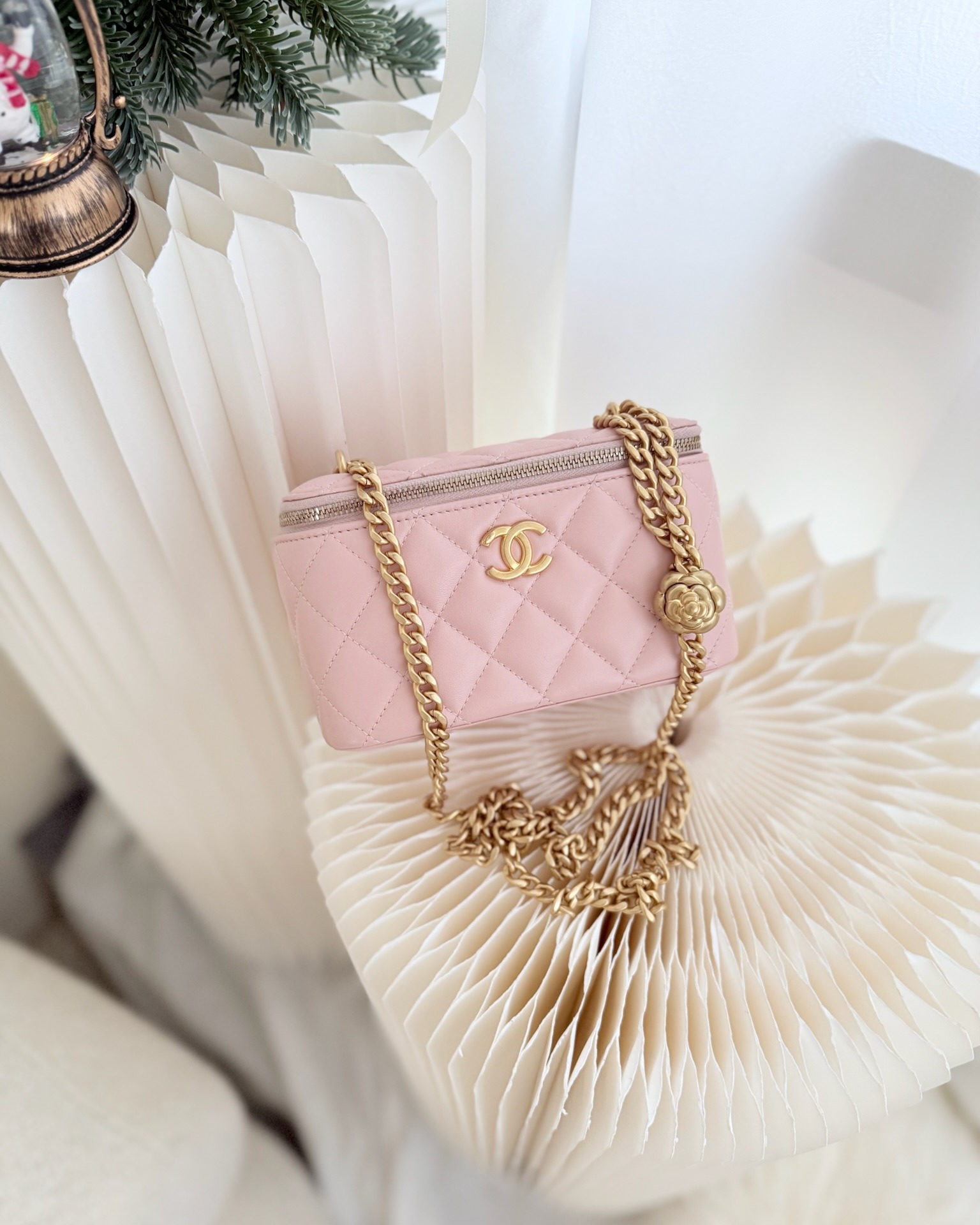 Chanel Quilted Vanity Rectangular with Camellia Adjustable Chain Pink Lambskin 23S