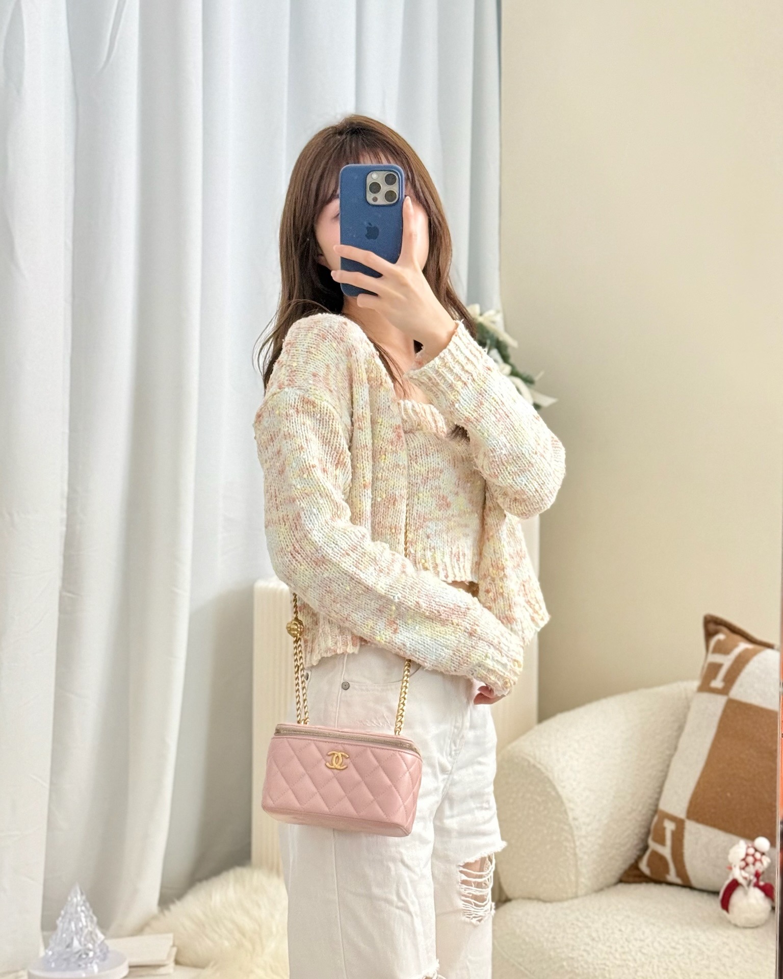 Chanel Quilted Vanity Rectangular with Camellia Adjustable Chain Pink Lambskin 23S