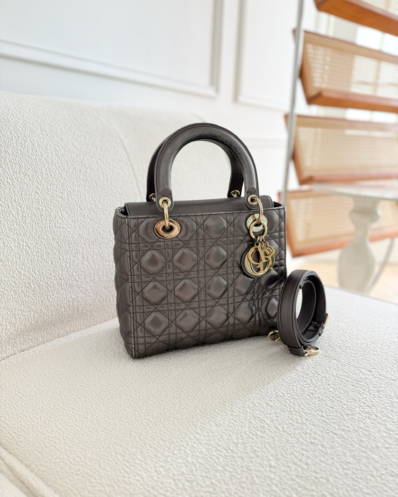 Dior Medium Lady Dior Metallic Dark Grey Lambskin