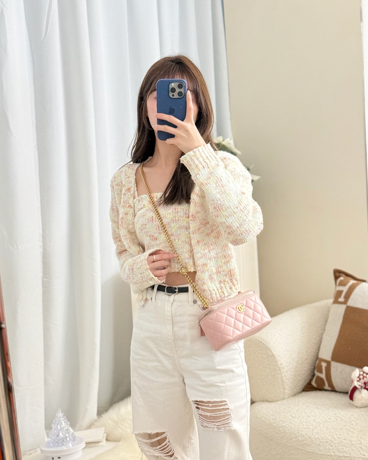 Chanel Quilted Vanity Rectangular with Camellia Adjustable Chain Pink Lambskin 23S