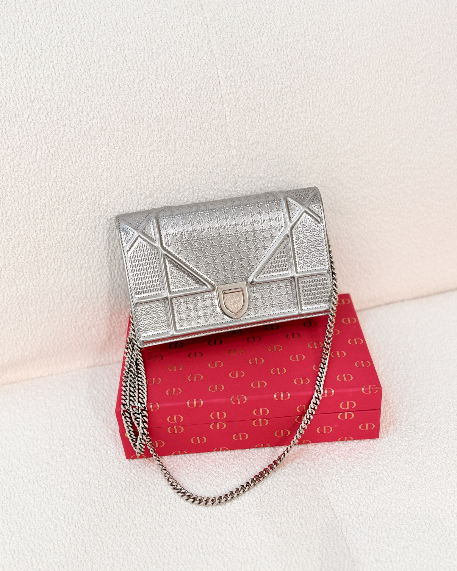 Dior Diorama Wallet on Chain Metallic Silver