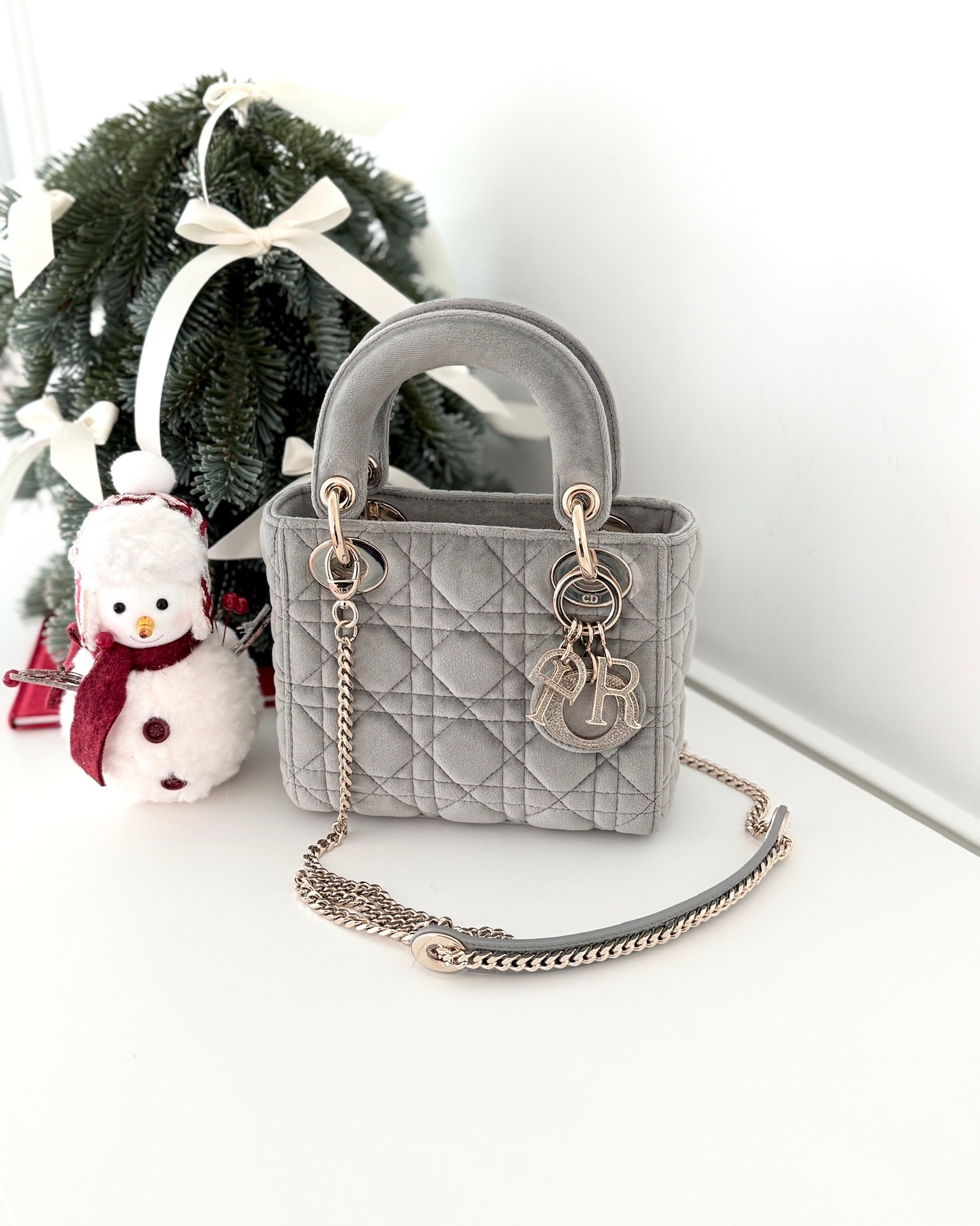 Dior Lady Dior Grey Velvet Cannage Crystal Charms