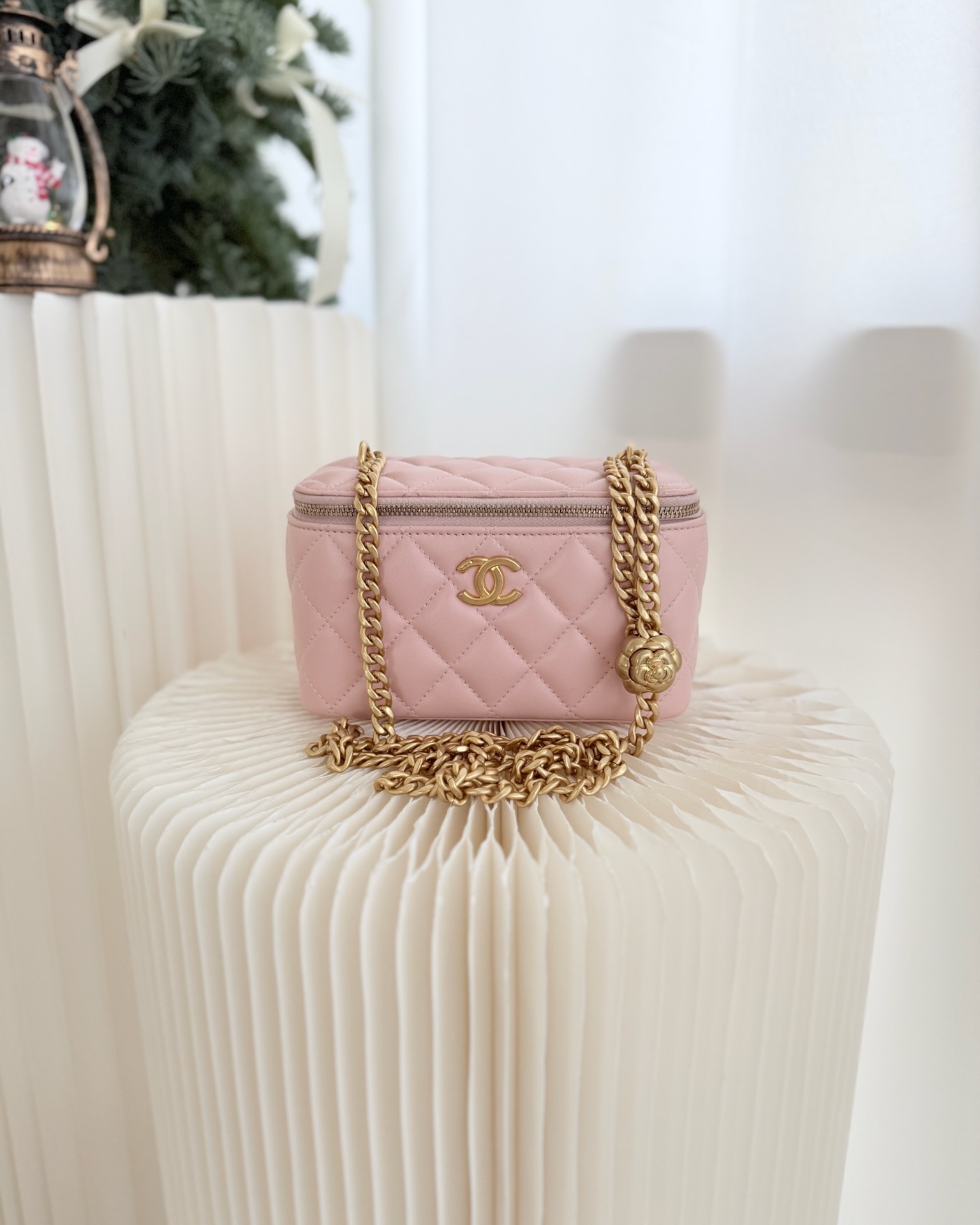 Chanel Quilted Vanity Rectangular with Camellia Adjustable Chain Pink Lambskin 23S