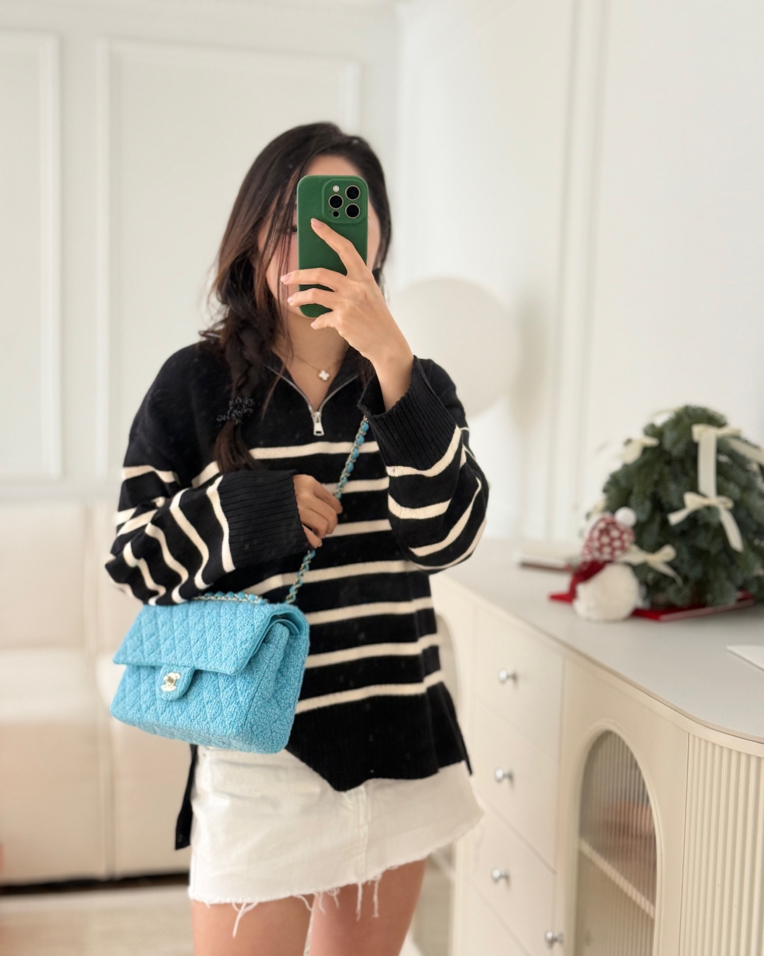 Chanel Classic M/L Medium Quilted Double Flap Bag Blue Tweed