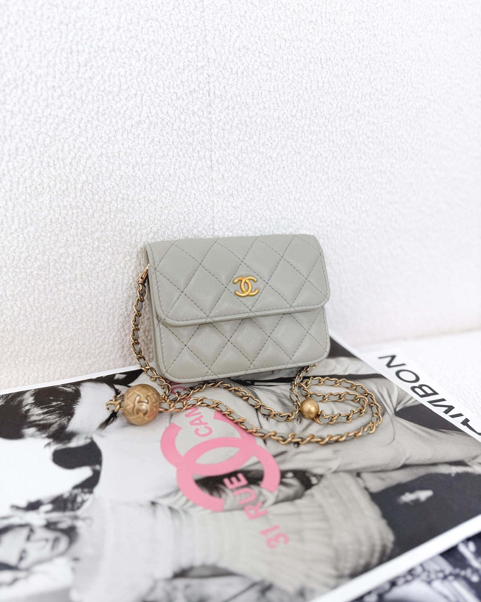 Chanel Pearl Crush Mini Clutch Belt Bag Grey Lambskin Aged