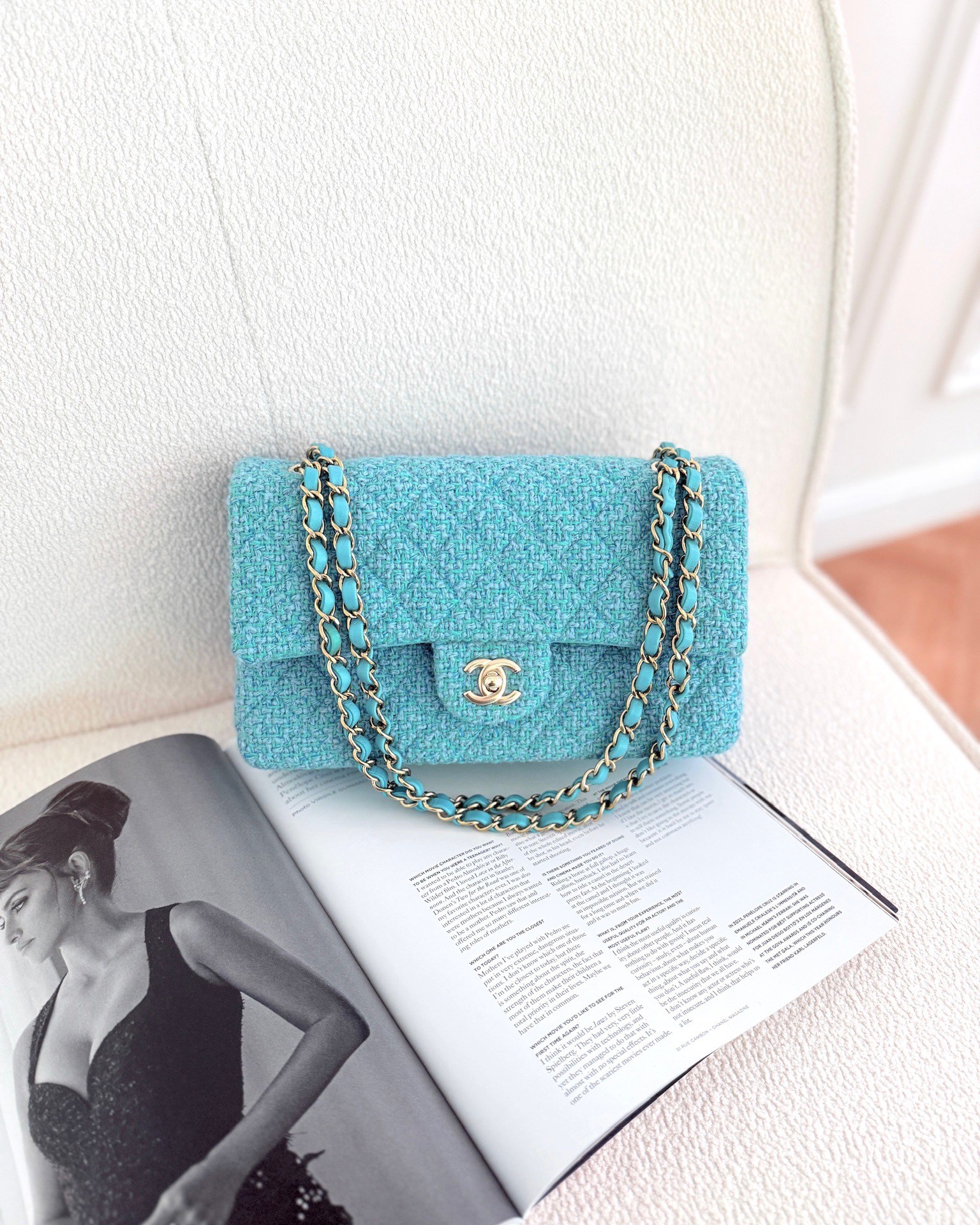 Chanel Classic M/L Medium Quilted Double Flap Bag Blue Tweed