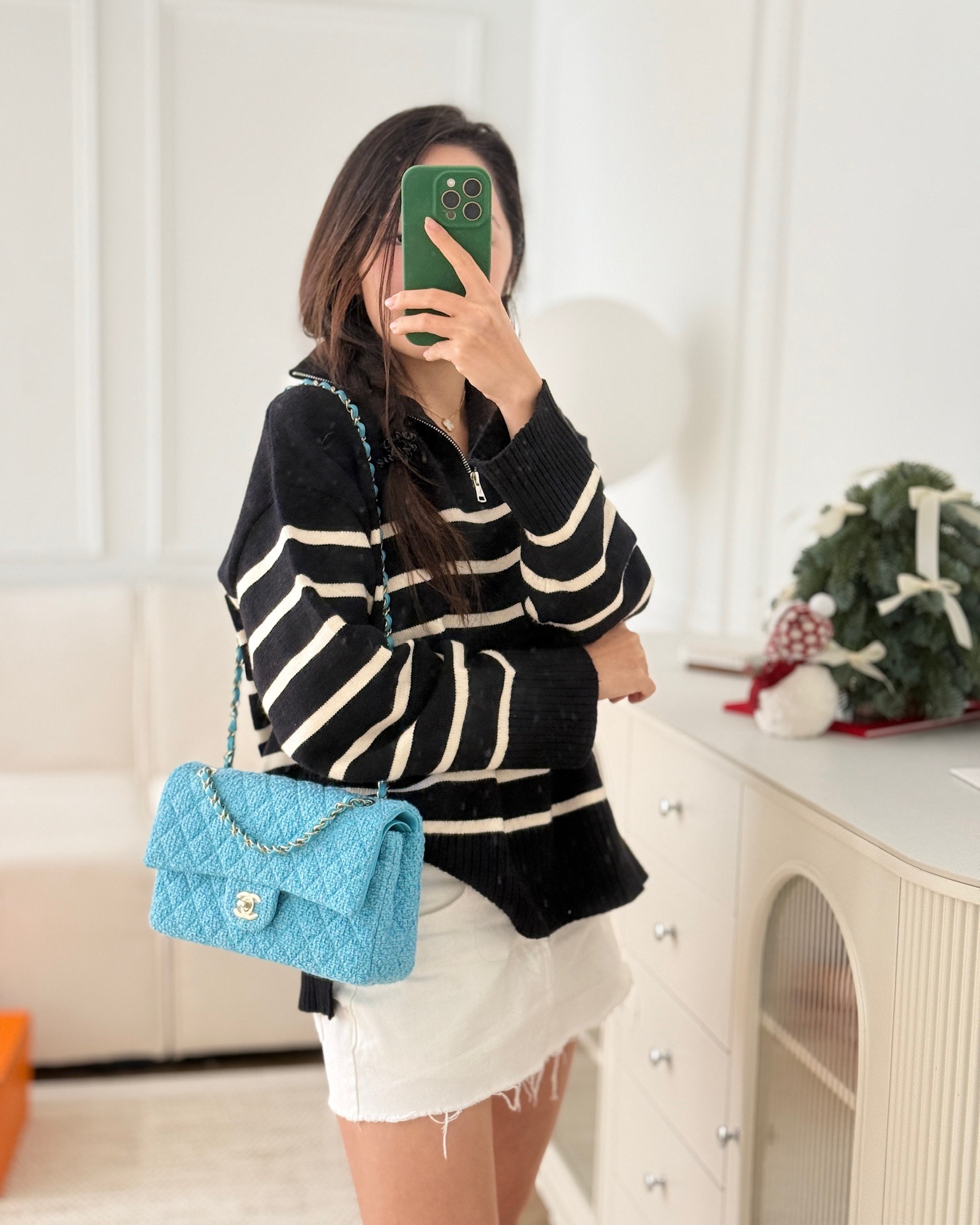 Chanel Classic M/L Medium Quilted Double Flap Bag Blue Tweed