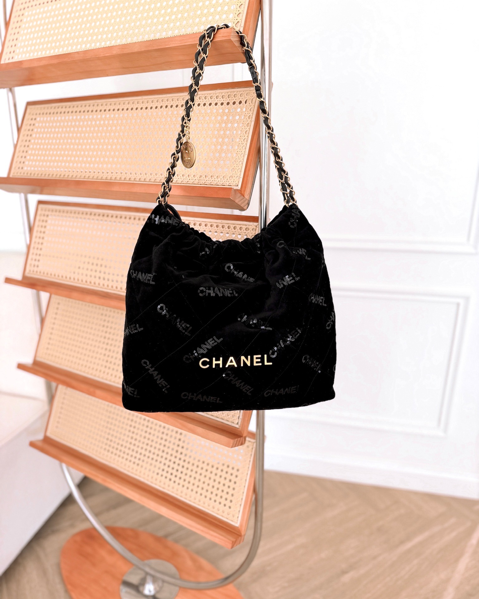 Chanel 22 Medium Sequins Logo Black Velvet