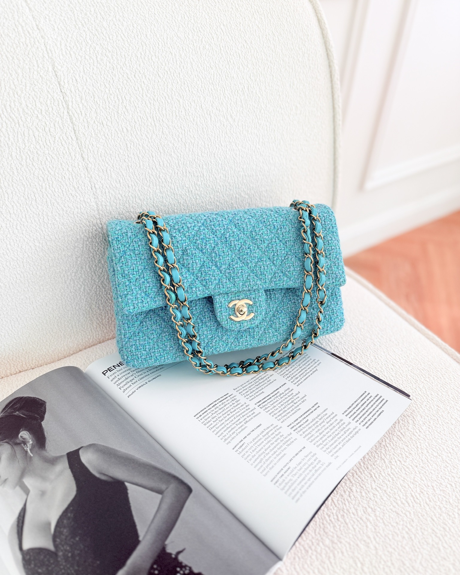 Chanel Classic M/L Medium Quilted Double Flap Bag Blue Tweed