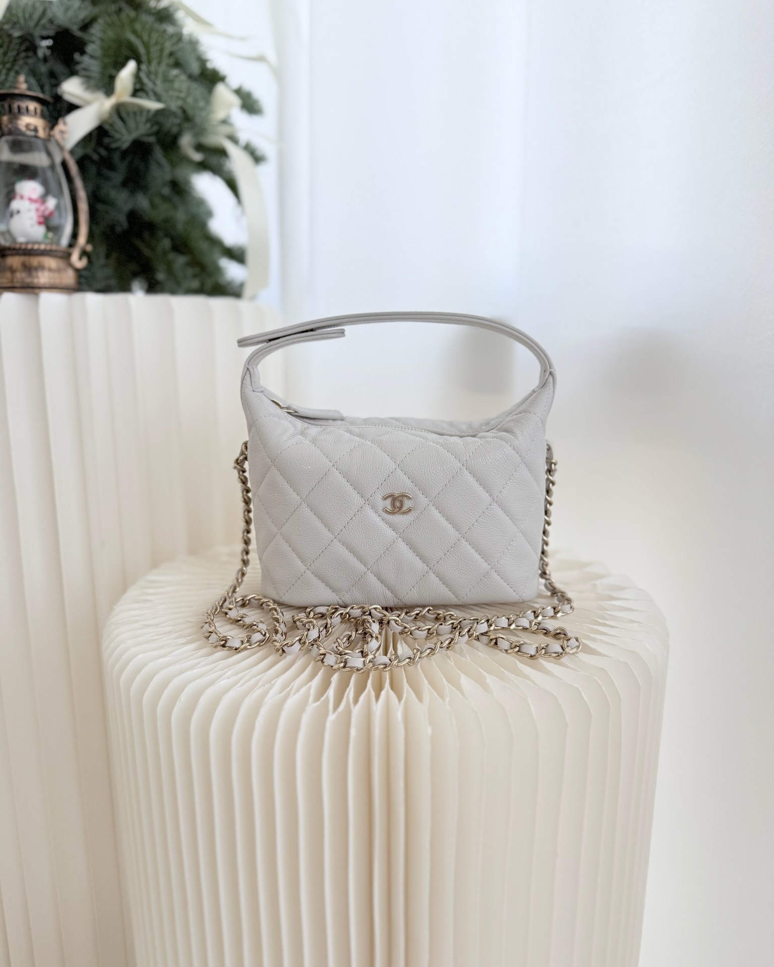 Chanel Quilted Hobo With Chain Light Grey Caviar 25C