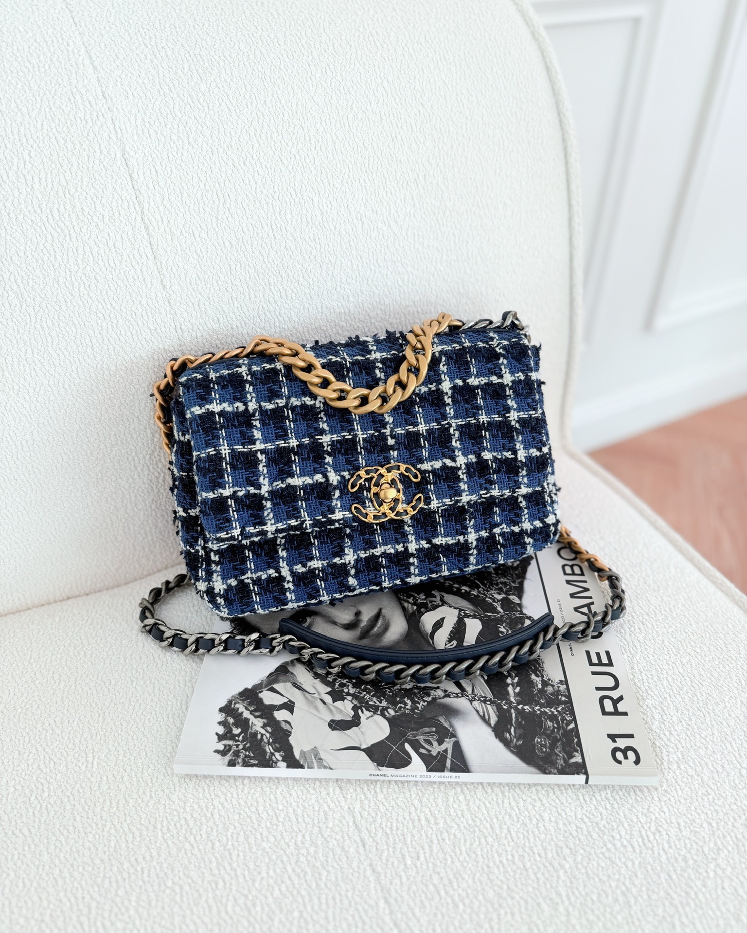 Chanel 19 Small Blue White Black Grid Tweed Mixed Hardware