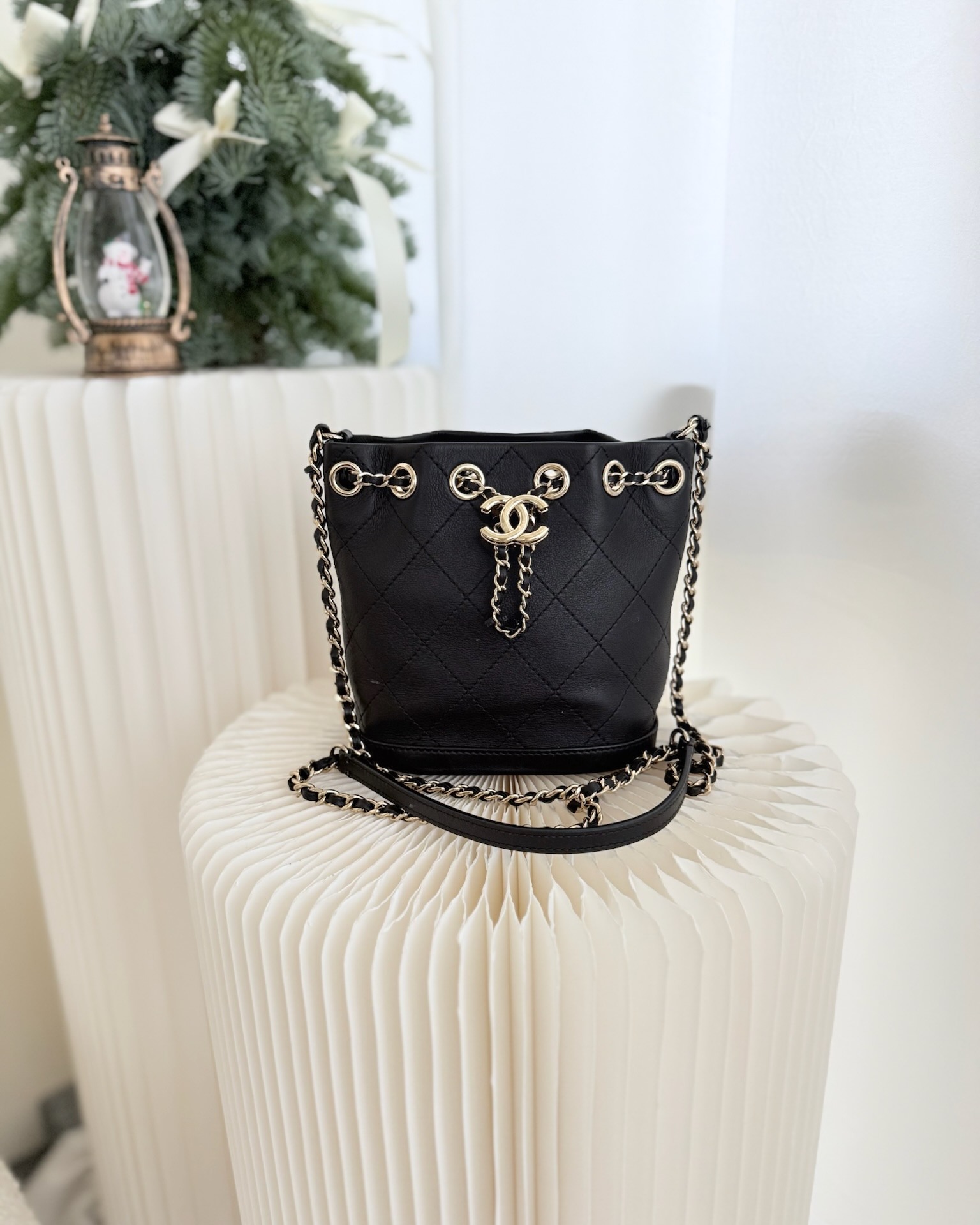 Chanel Quilted Drawstring Black Calfskin Bucket Bag