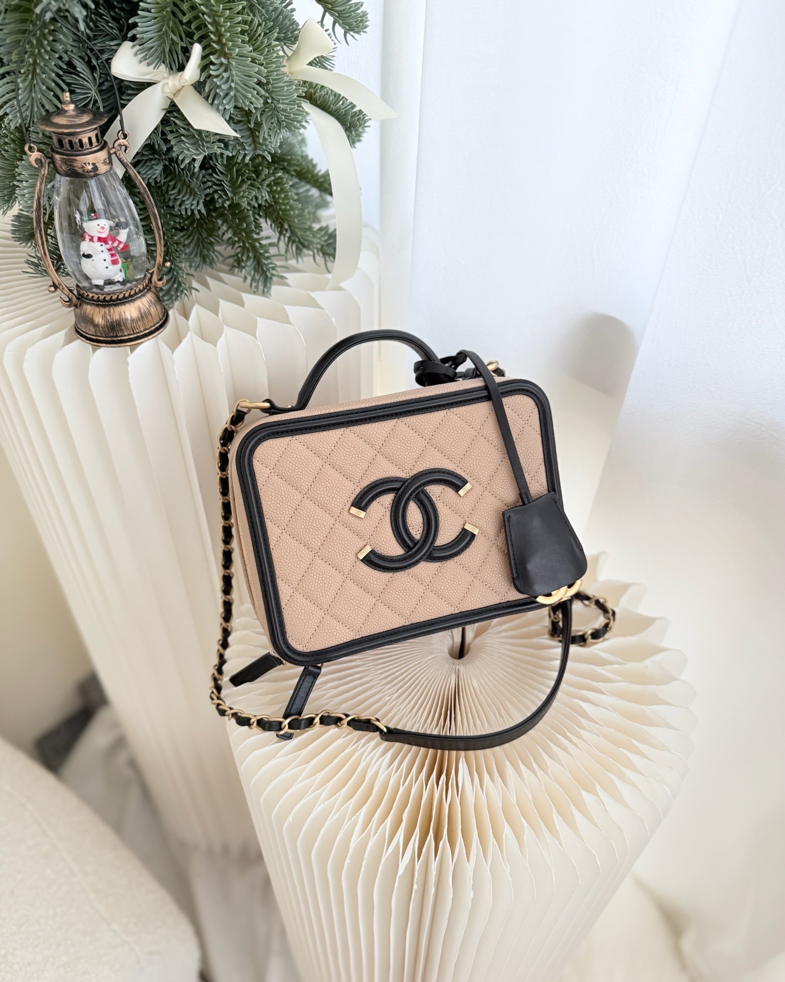 Chanel Quilted Medium CC Filigree Vanity Case Beige Caviar