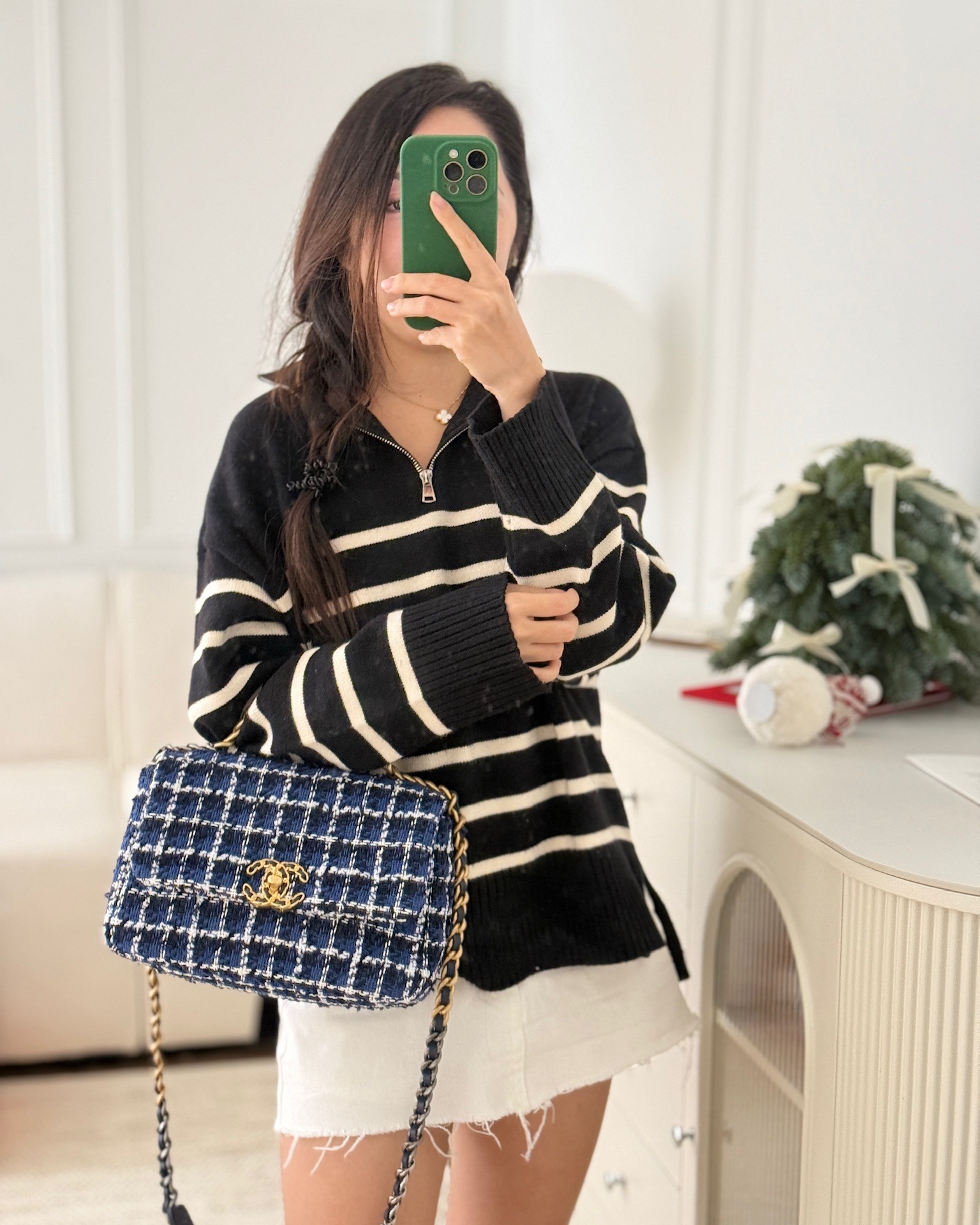 Chanel 19 Small Blue White Black Grid Tweed Mixed Hardware