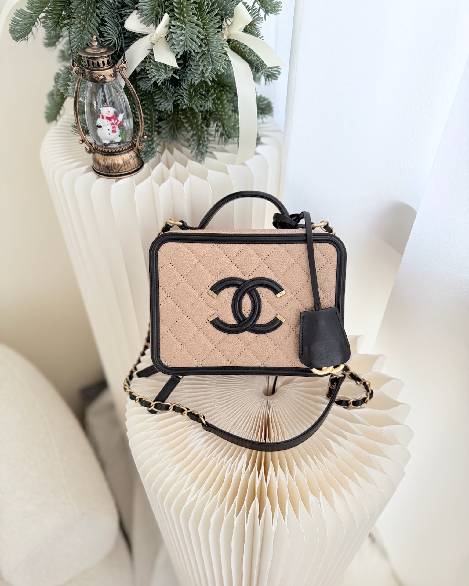 Chanel Quilted Medium CC Filigree Vanity Case Beige Caviar
