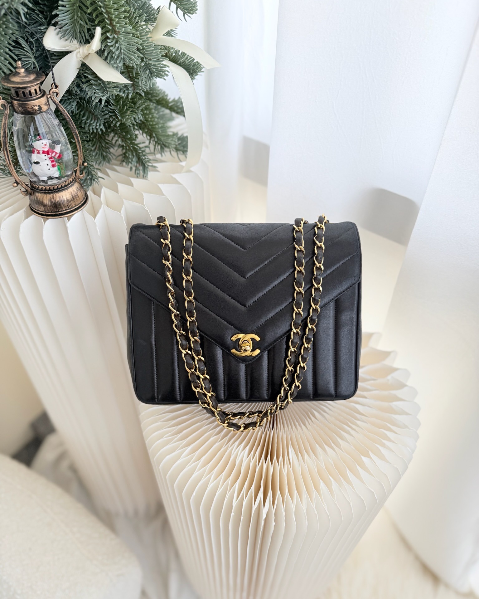 Chanel Vintage Chevron Envelope Flap Bag Black Lambskin