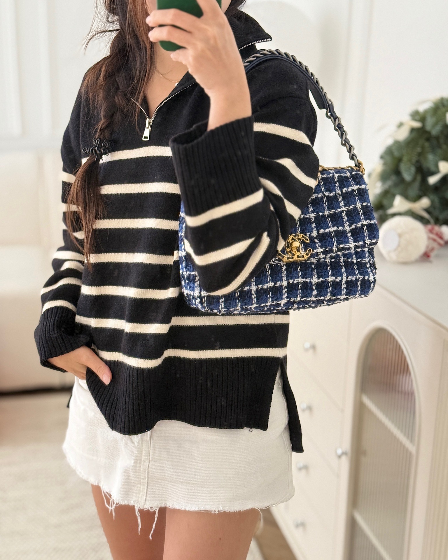 Chanel 19 Small Blue White Black Grid Tweed Mixed Hardware