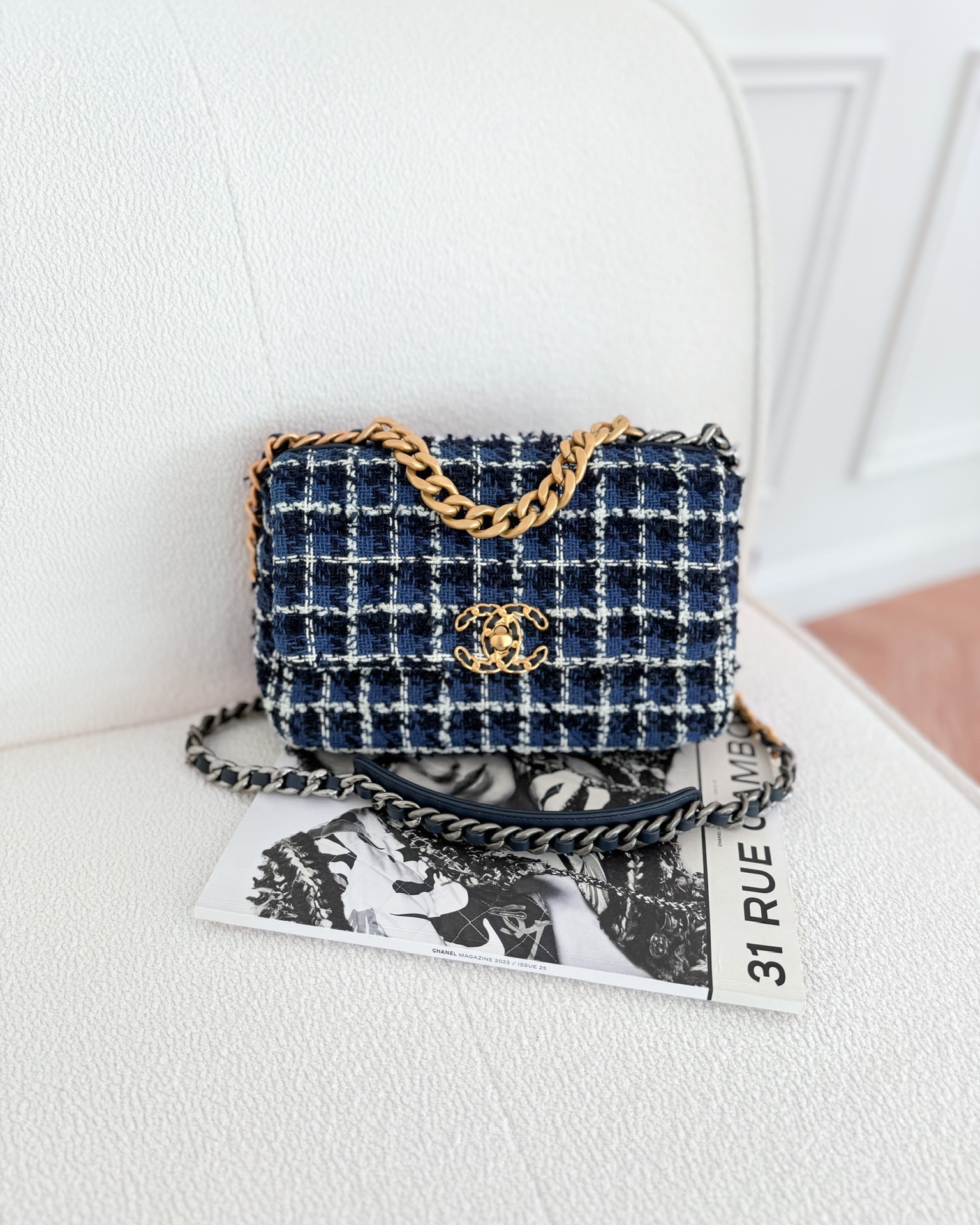 Chanel 19 Small Blue White Black Grid Tweed Mixed Hardware