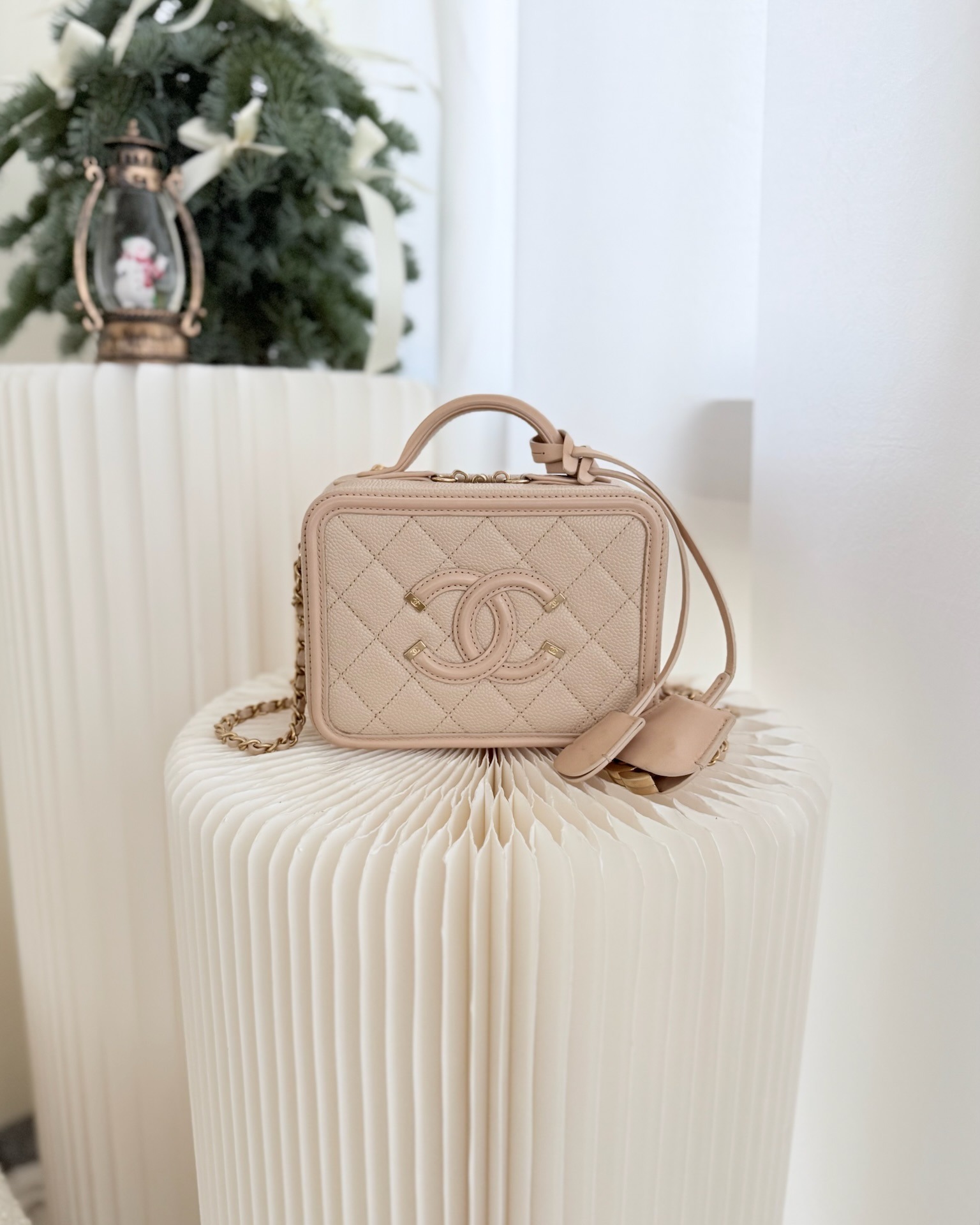 Chanel Quilted Small CC Filigree Vanity Case Beige Caviar