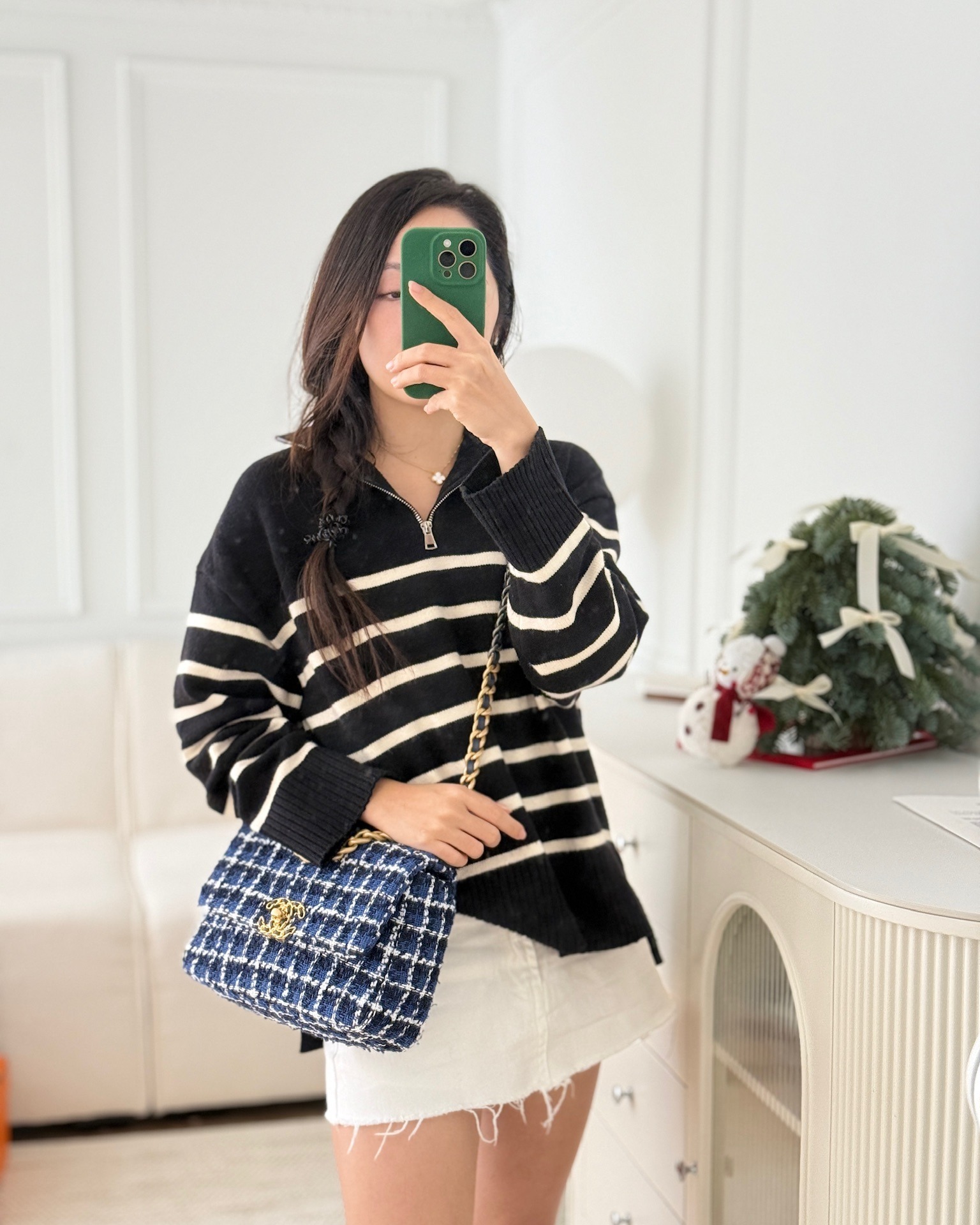 Chanel 19 Small Blue White Black Grid Tweed Mixed Hardware