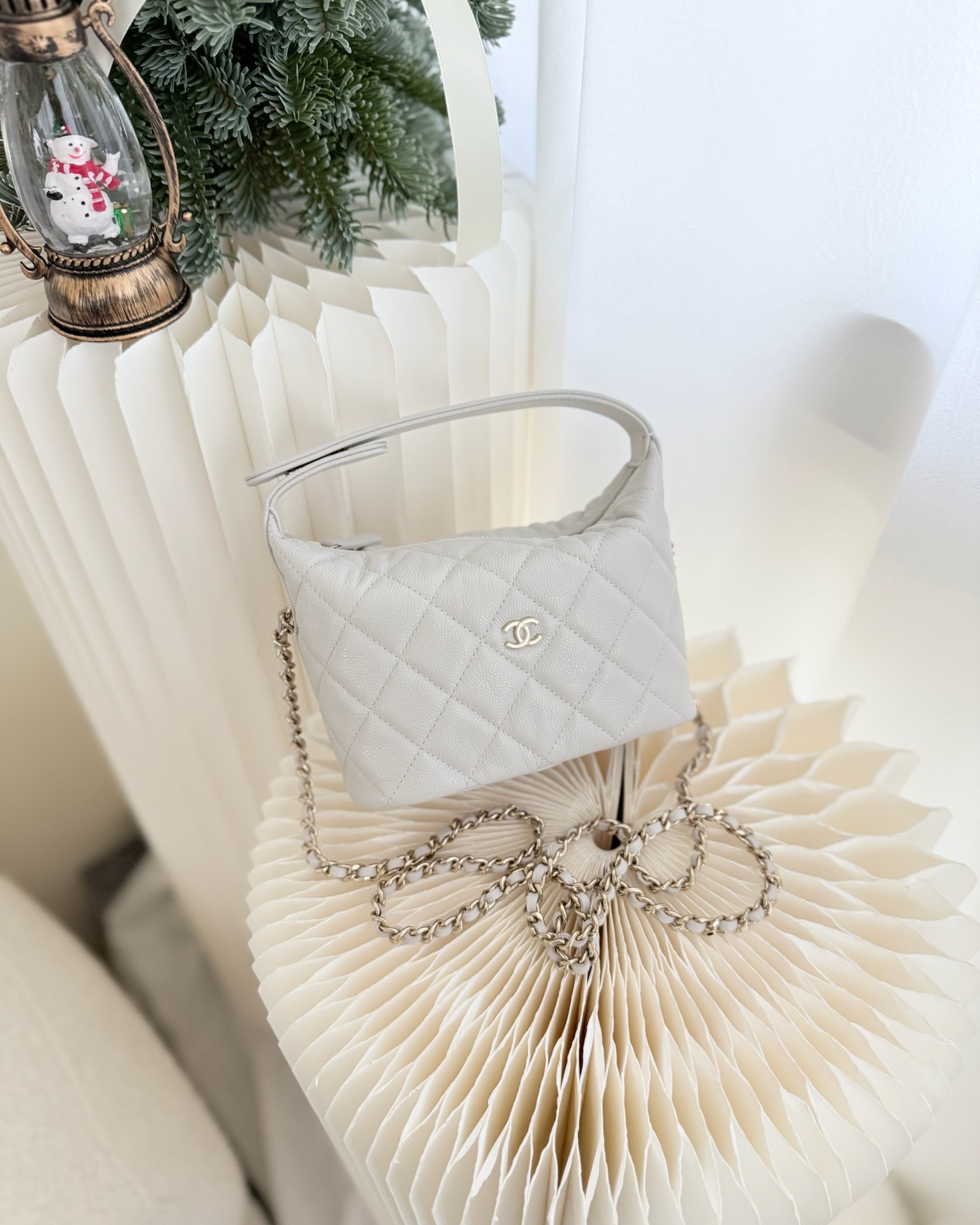 Chanel Quilted Hobo With Chain Light Grey Caviar 25C