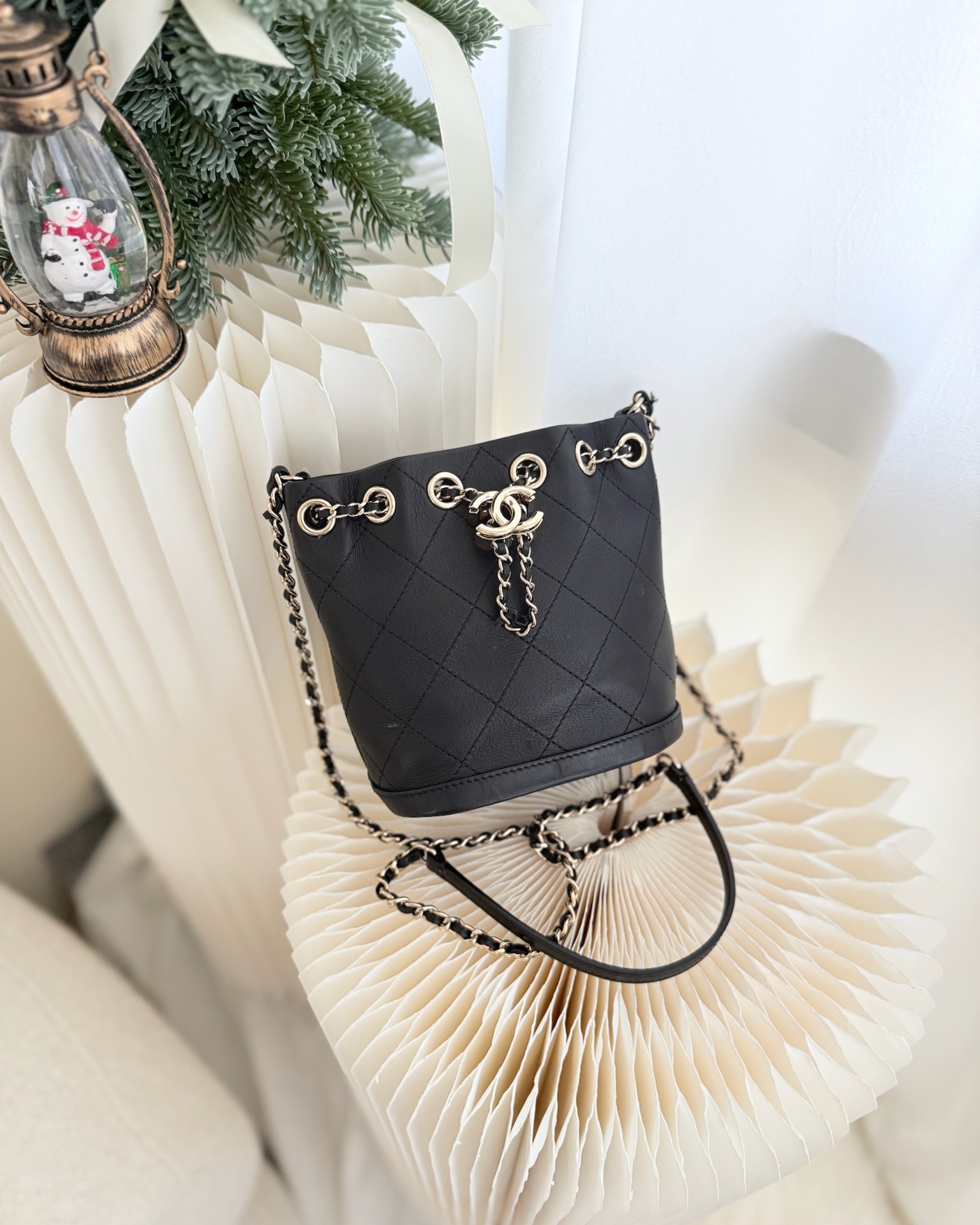 Chanel Quilted Drawstring Black Calfskin Bucket Bag