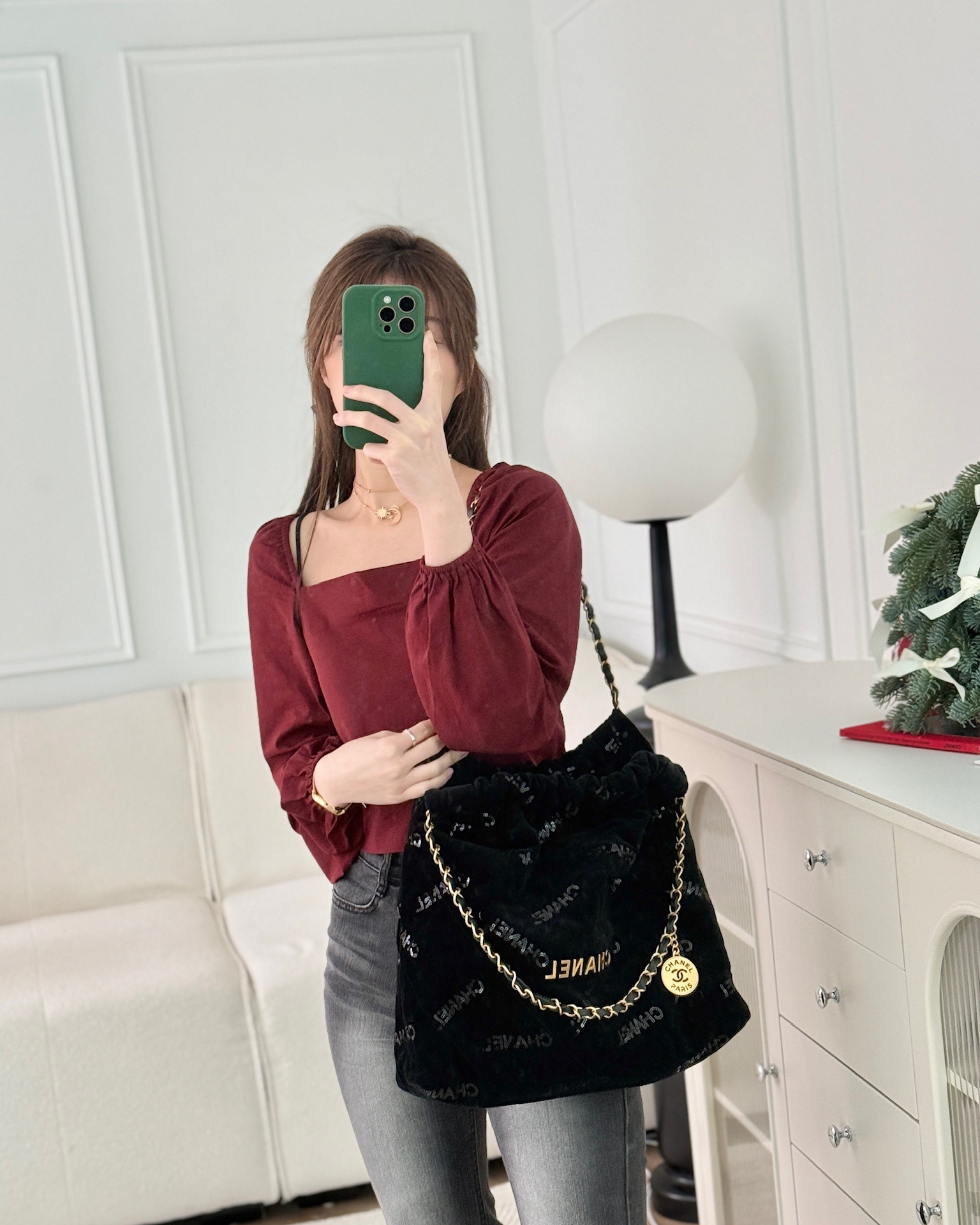 Chanel 22 Medium Sequins Logo Black Velvet