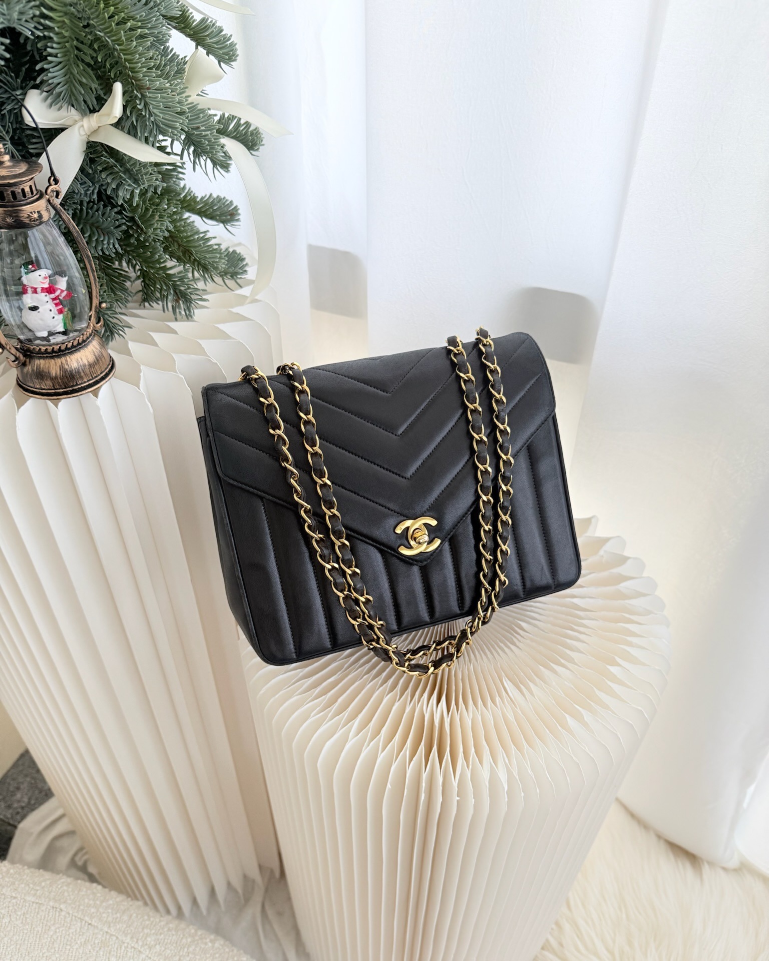 Chanel Vintage Chevron Envelope Flap Bag Black Lambskin