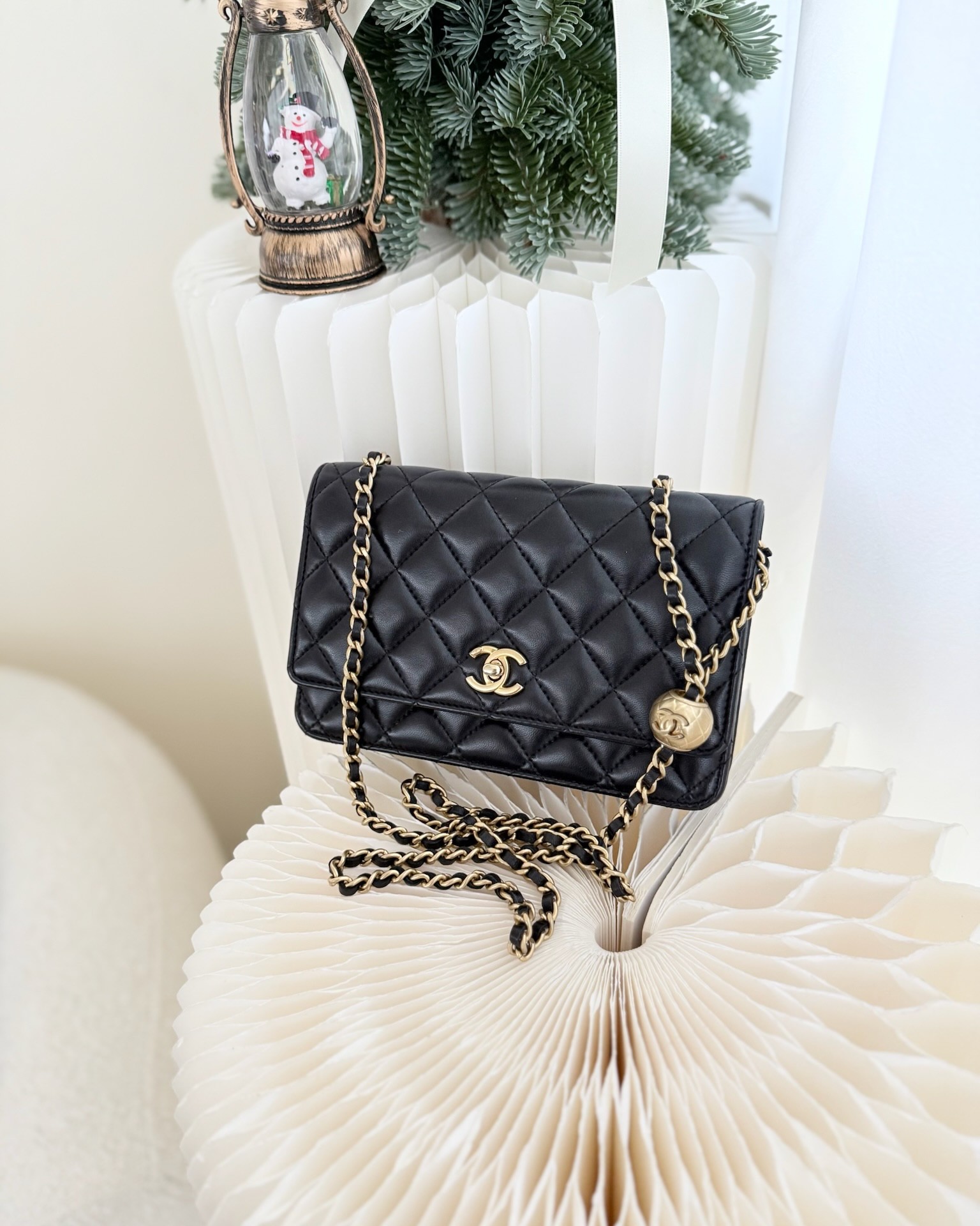 Chanel Quilted Pearl Crush Wallet on Chain WOC Black Lambskin Aged