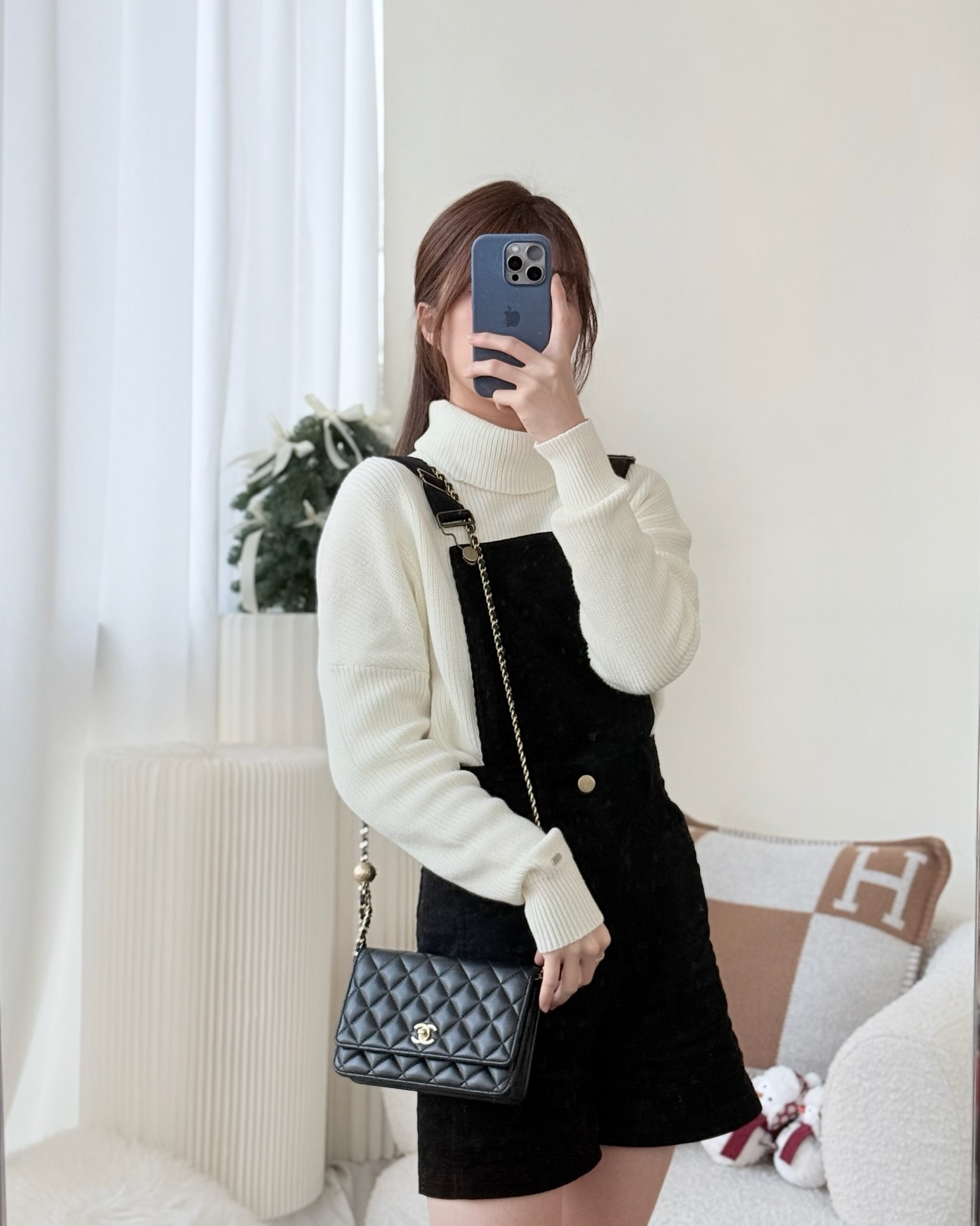 Chanel Quilted Pearl Crush Wallet on Chain WOC Black Lambskin Aged