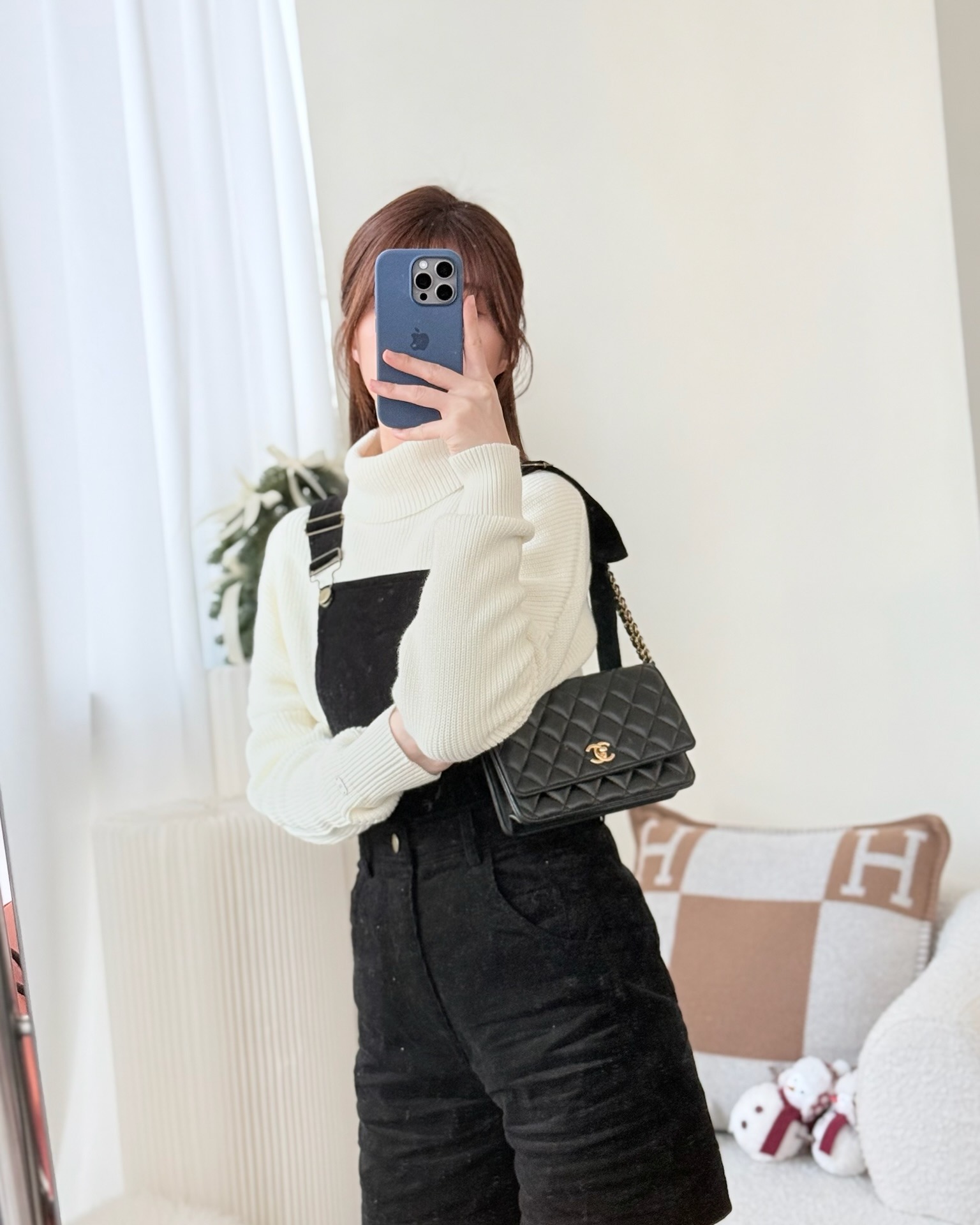 Chanel Quilted Pearl Crush Wallet on Chain WOC Black Lambskin Aged