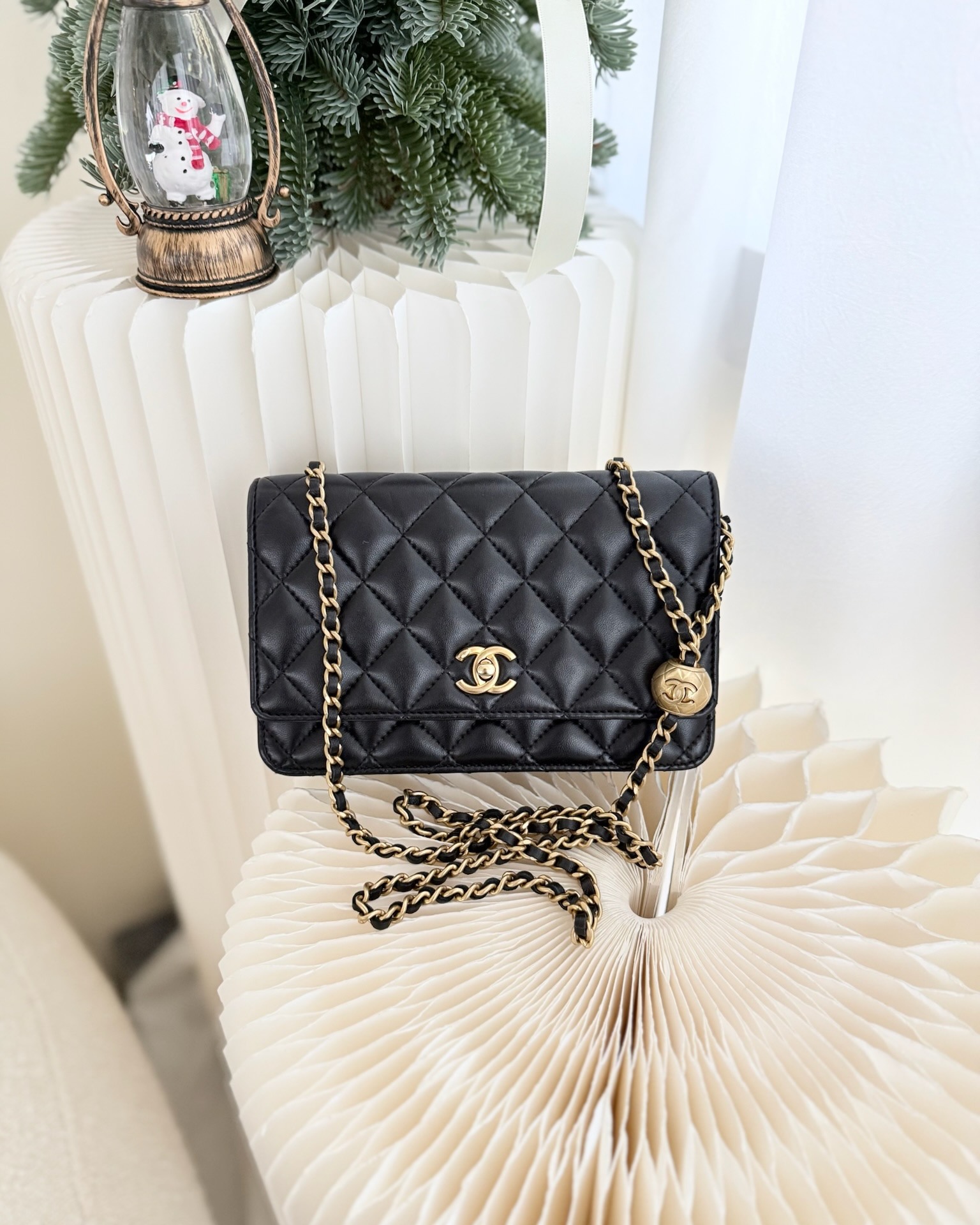 Chanel Quilted Pearl Crush Wallet on Chain WOC Black Lambskin Aged